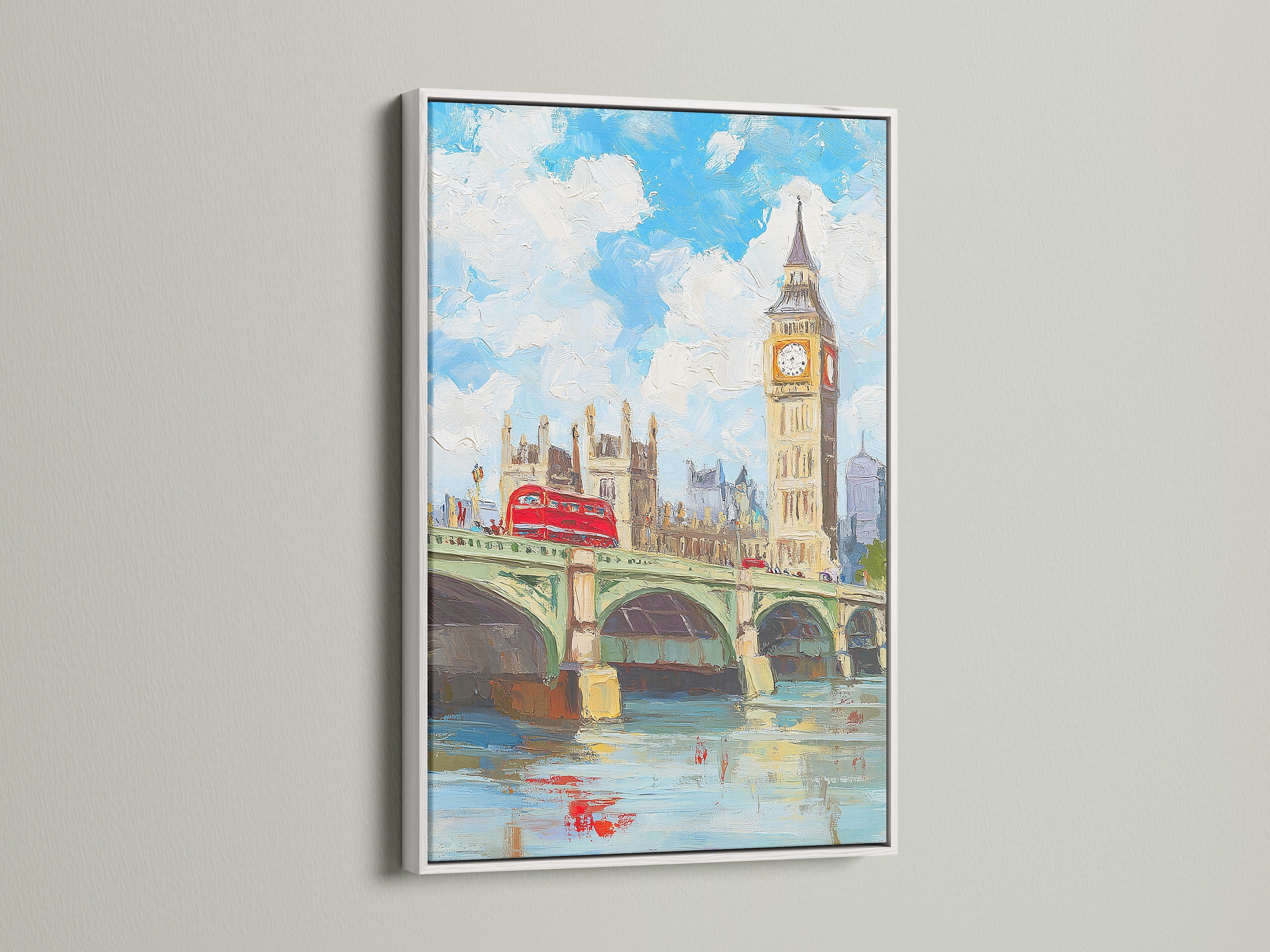 London Big Ben art in a white frame. This British cityscape artwork captures Westminster Bridge. The white frame enhances the artwork. It will complement contemporary minimalist or classic interiors.