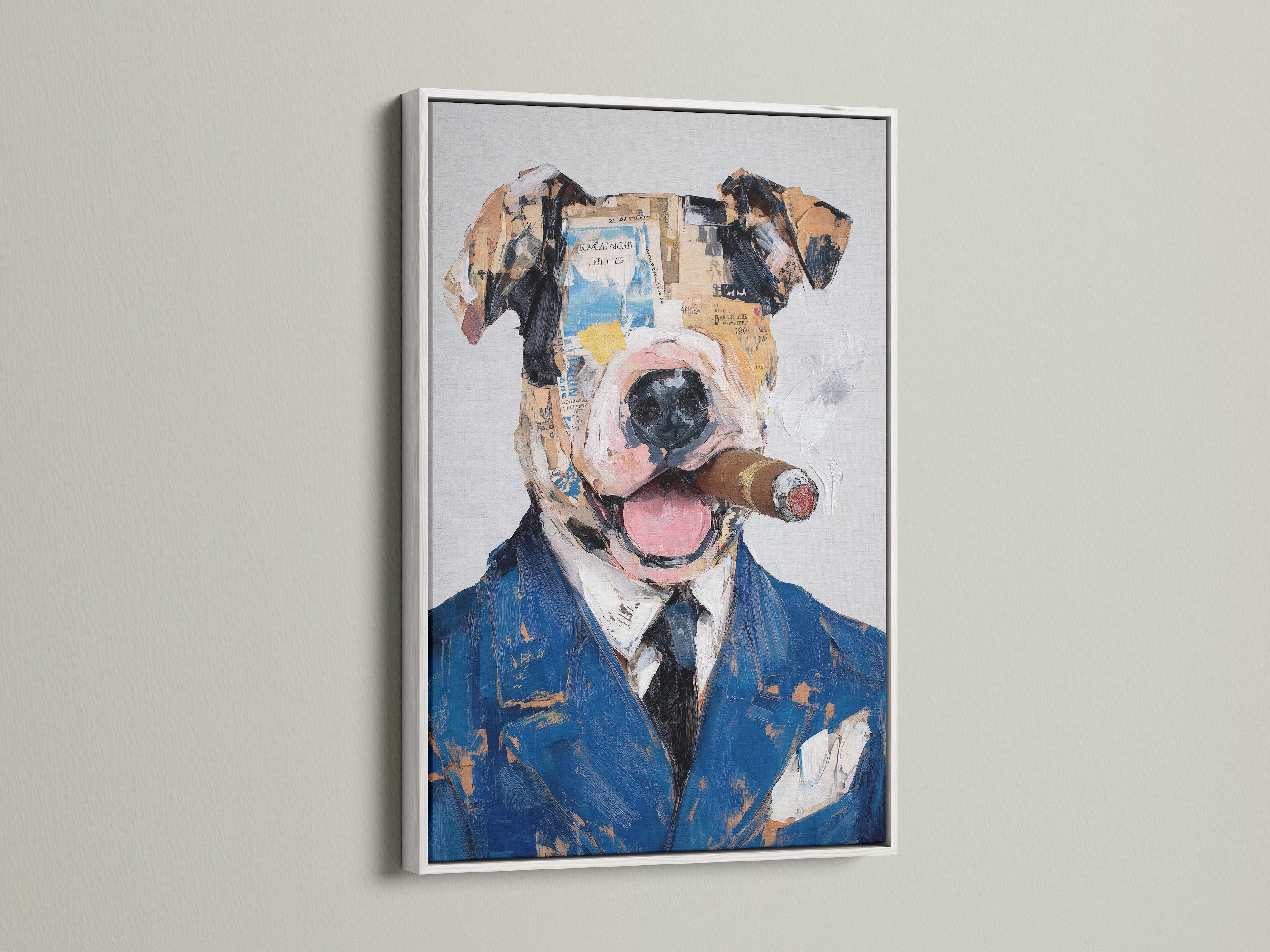 Dog portrait art showcased in a white frame. This mixed media print brings a modern feel. Perfect animal wall art for a contemporary space. Consider this quirky dog art as a unique gift. It enhances any room with its charm.