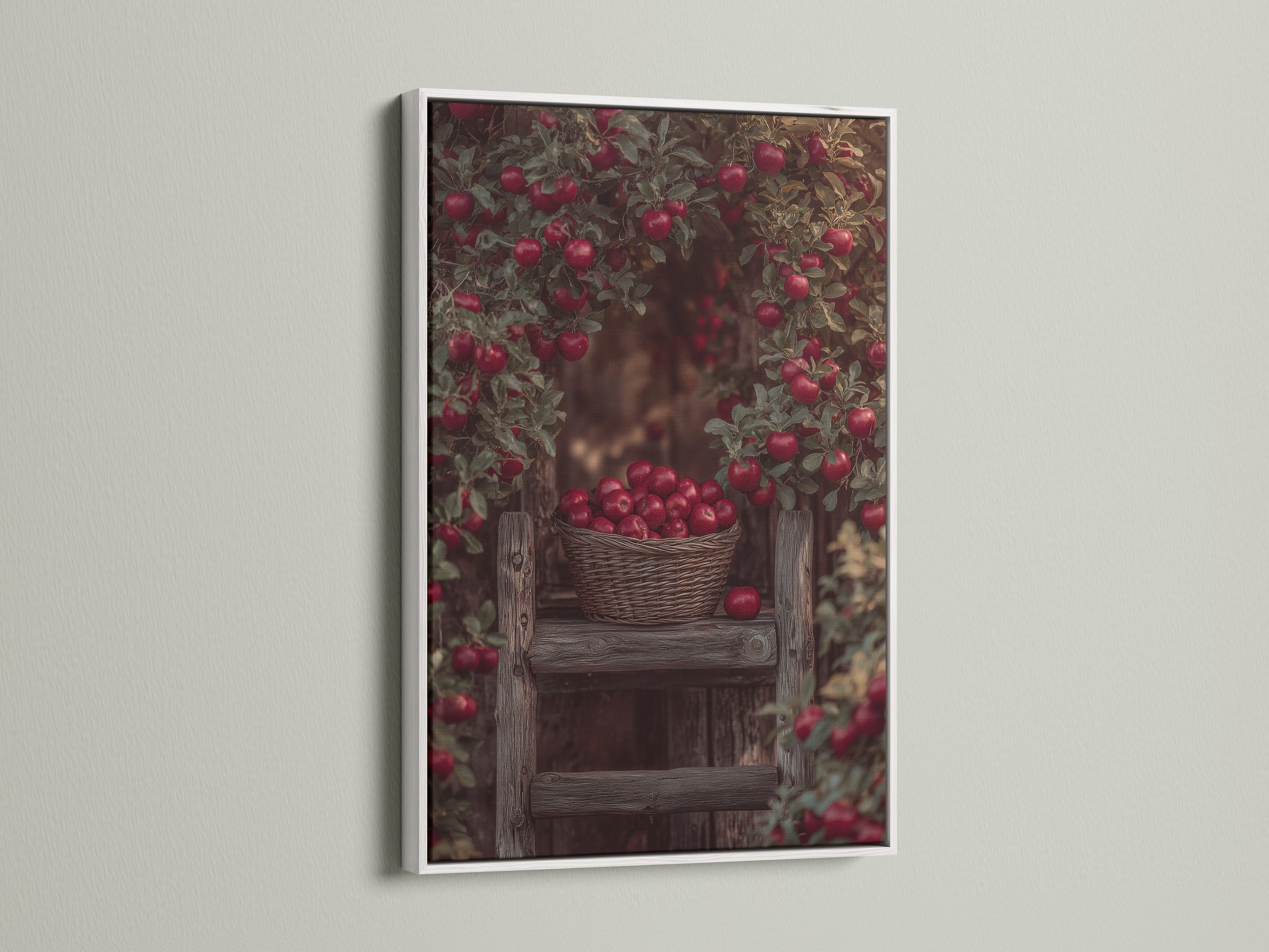 Apple Orchard art in a white frame. This fine art print brings a fresh look to any room. The white frame complements the rustic kitchen art. Great for country home decor and harvest wall decor.