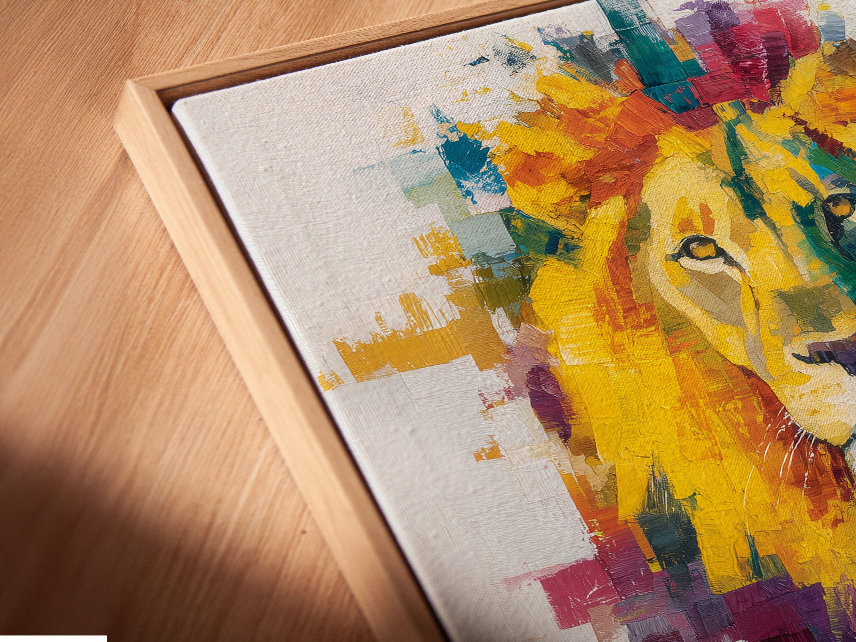 A close-up angled view shows a canvas print of a colorful lion in a floating frame. This abstract animal artwork adds depth and sophistication to any wall. The floating frame enhances the artwork's contemporary style. It creates a stunning visual effect.