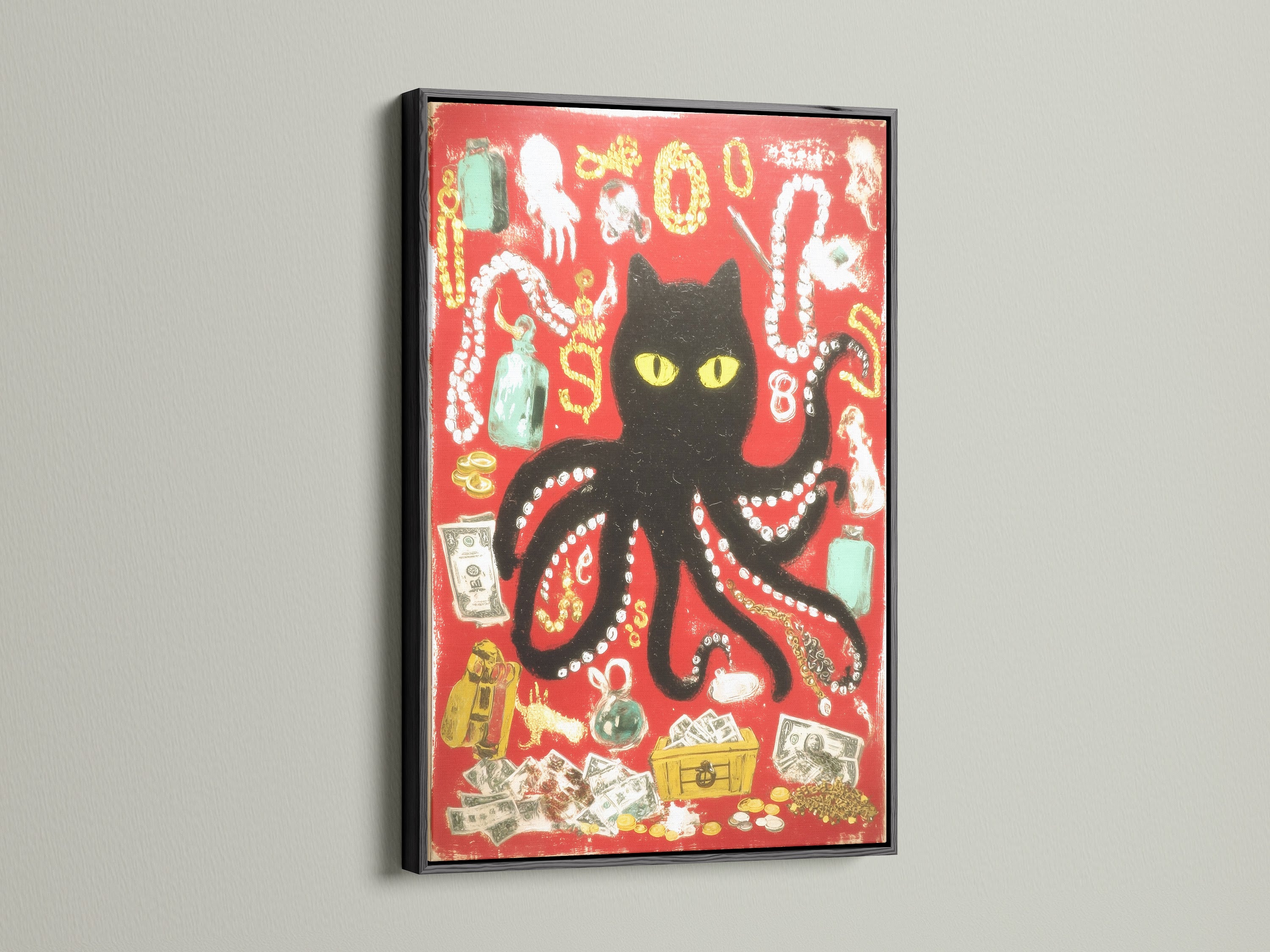 See the black cat octopus art piece with a black frame. This unique wall decor brings a modern touch. The black frame complements the red vintage collage. Check out black framed art.