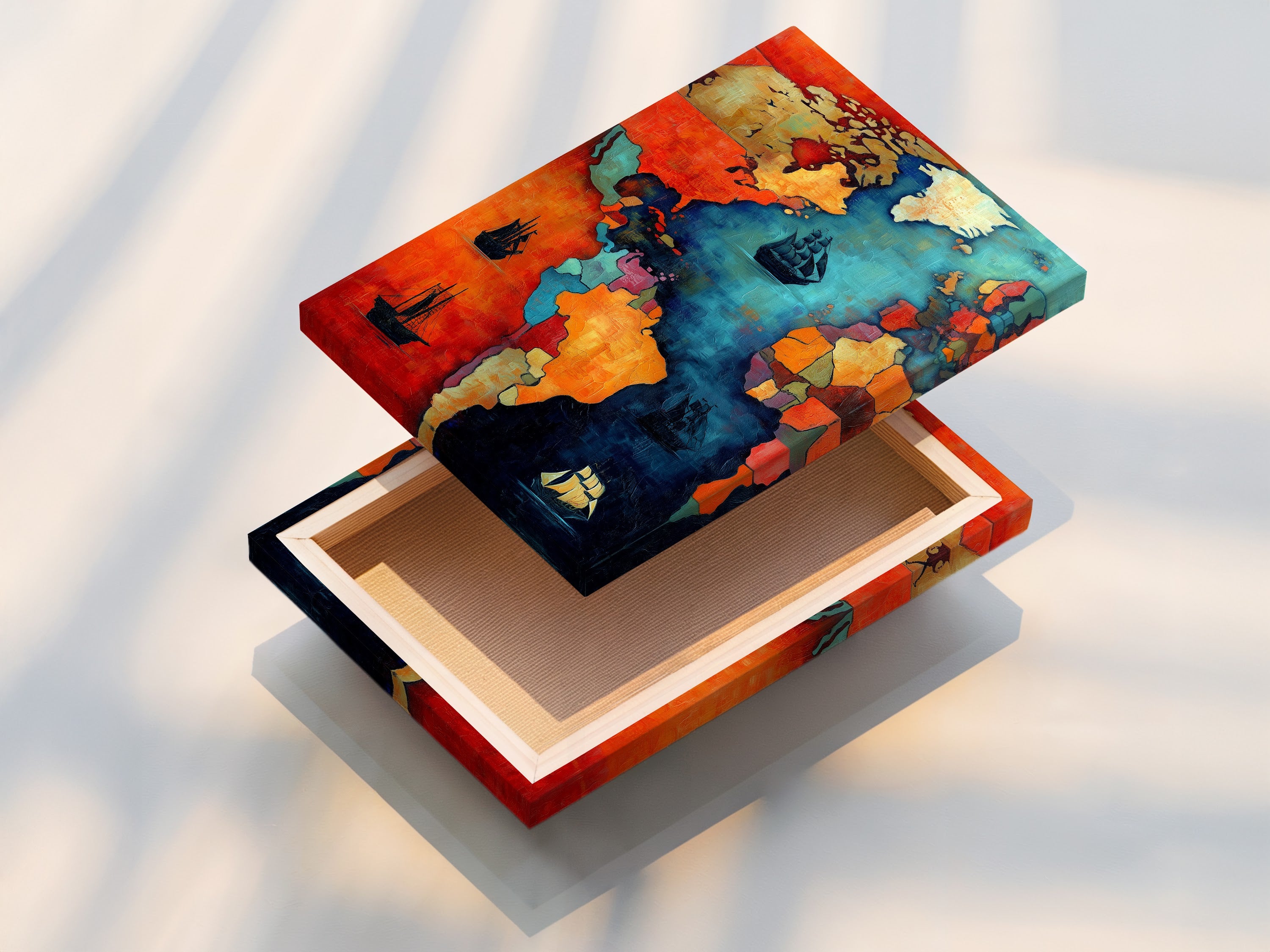 This is a stretched canvas print of a vintage world map. The nautical chart wall art is ready to hang. The teal and coral artwork adds a pop of color. Perfect for living rooms bedrooms and offices. It makes a great gift for anyone who loves maps and art.