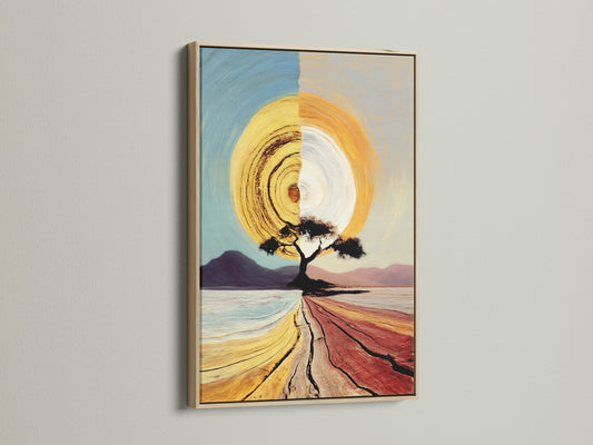 This is a close up of a Sunrise Tree canvas artwork in an oak frame. The oak frame adds a natural touch to the abstract landscape. The golden sun print creates a warm and inviting atmosphere. Perfect wall art for living rooms bedrooms and entryways.