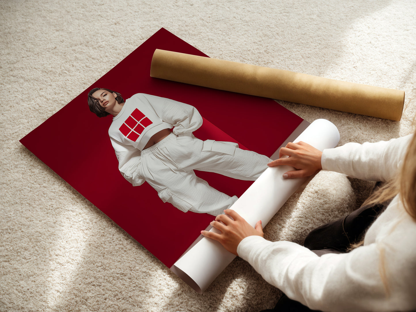 A woman is carefully rolling a fine art poster paper featuring Streetwear Fashion Art. This modern urban style artwork offers a contemporary print. Perfect for creating stylish youth bedroom art and trendy wall decor.
