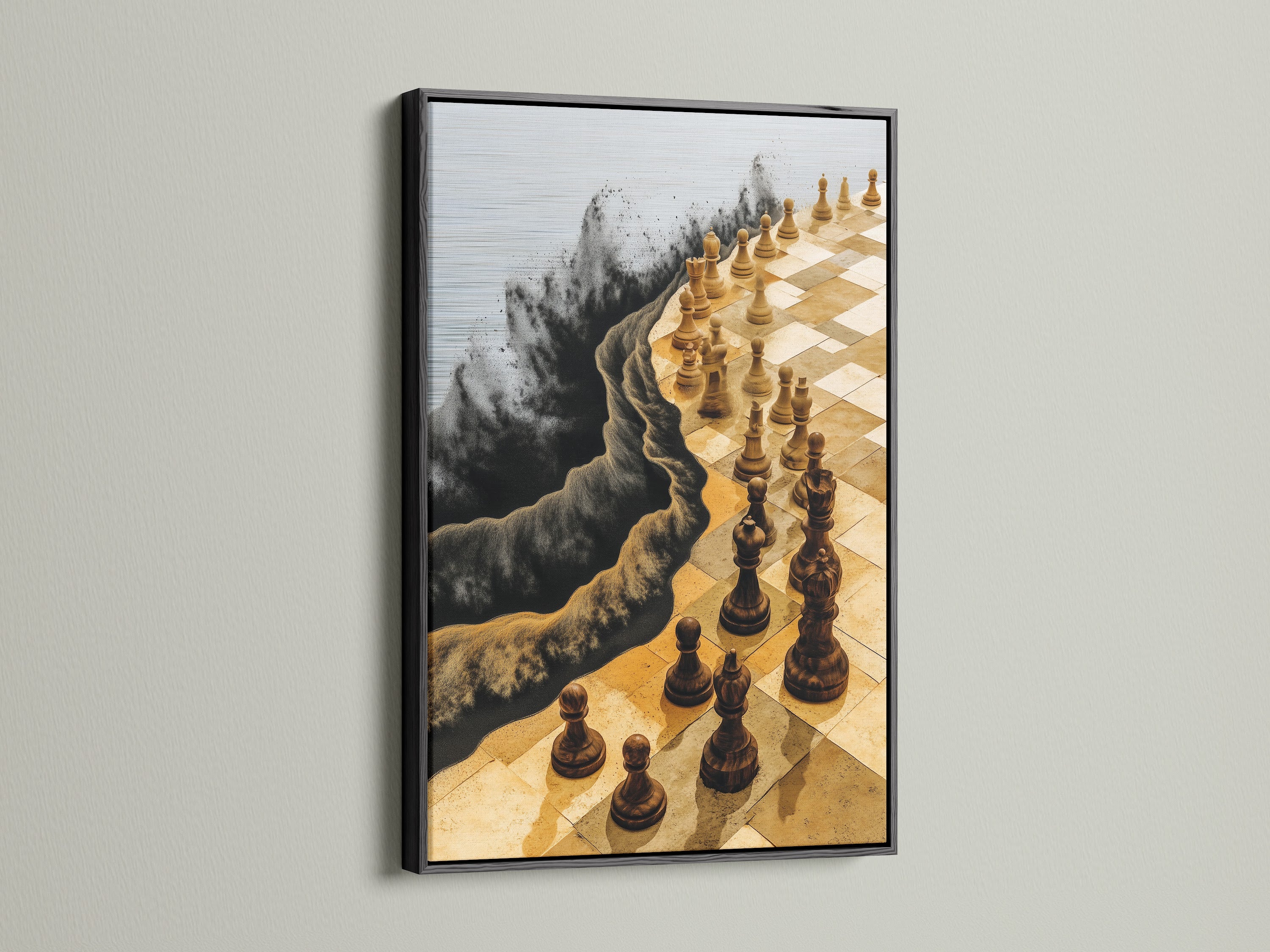 This chess board canvas print has a sleek black frame. The strategy print adds a touch of sophistication to any office decor. Enhance your living room bedroom or boardroom with this contemporary wall decor