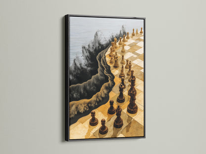 This chess board canvas print has a sleek black frame. The strategy print adds a touch of sophistication to any office decor. Enhance your living room bedroom or boardroom with this contemporary wall decor