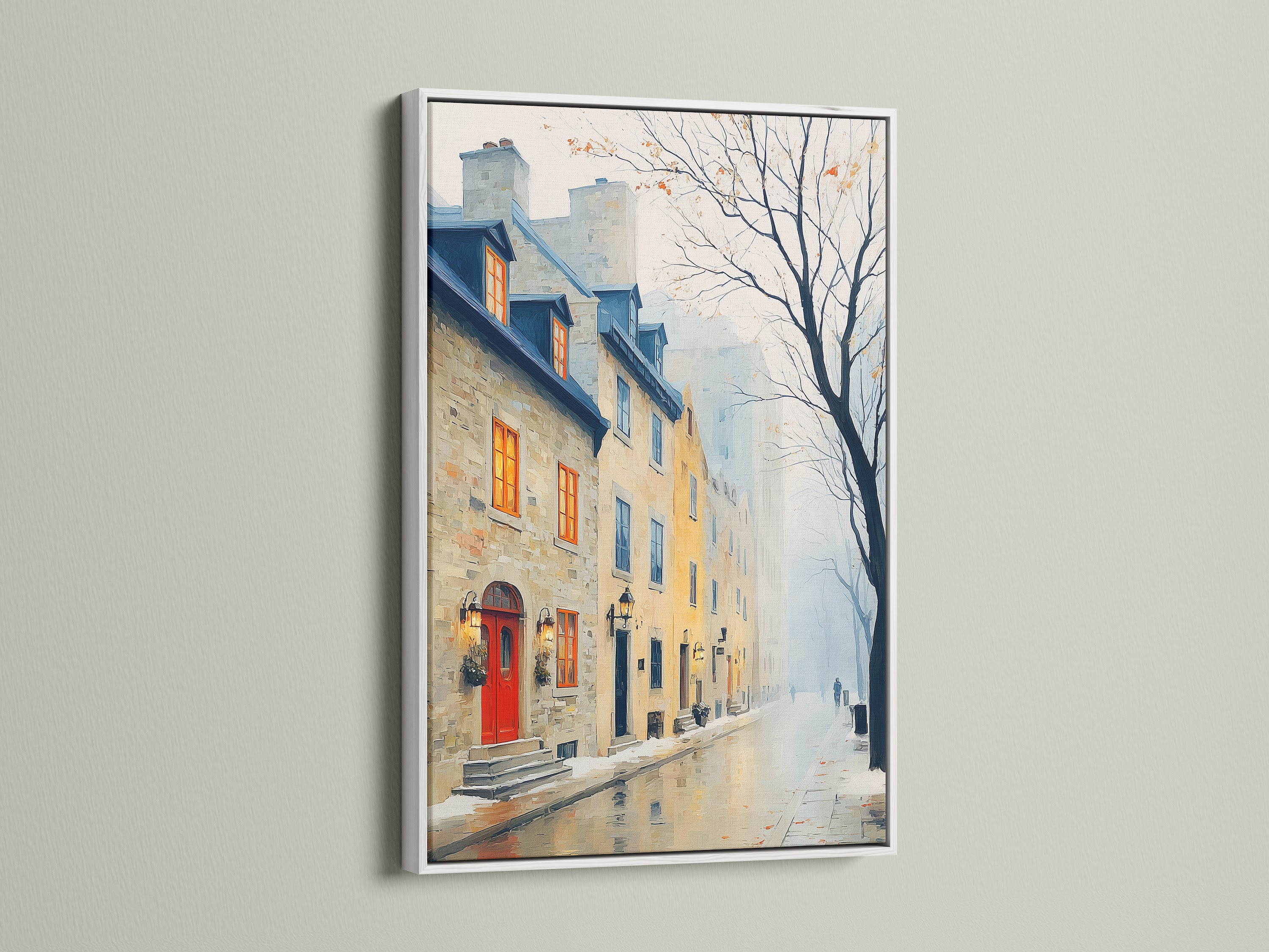 Brighten your decor with this white framed vintage architecture wall art. The European town scenery and cityscape art create a stylish statement. Perfect for minimalist and contemporary styles.