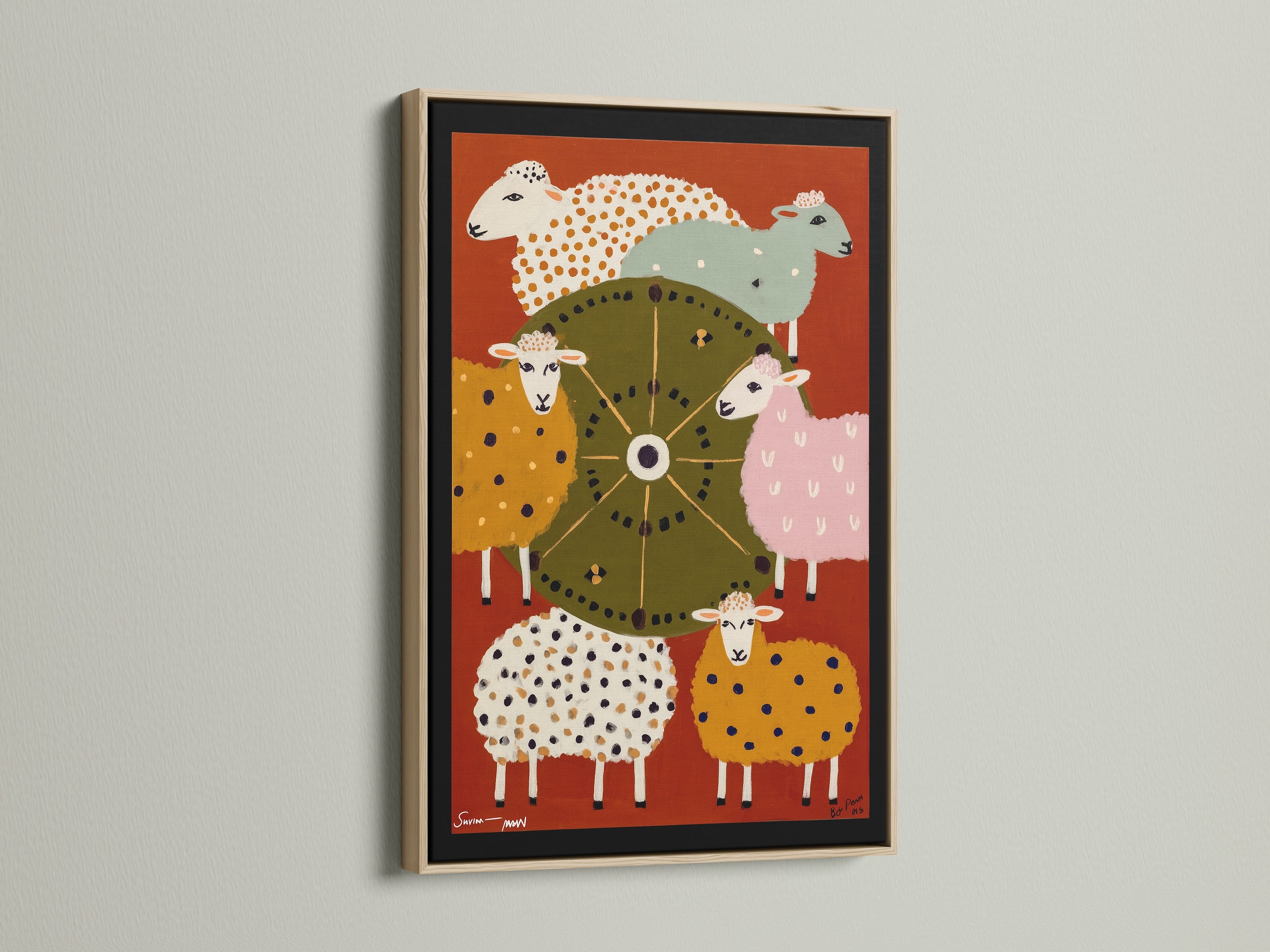 A delightful sheep folk art print displayed in a stylish oak frame. The vibrant colors and whimsical farm animal artwork enhance any space. Ideal for nursery decor or a cozy kitchen wall. This art print adds a touch of modern folk art to your home.