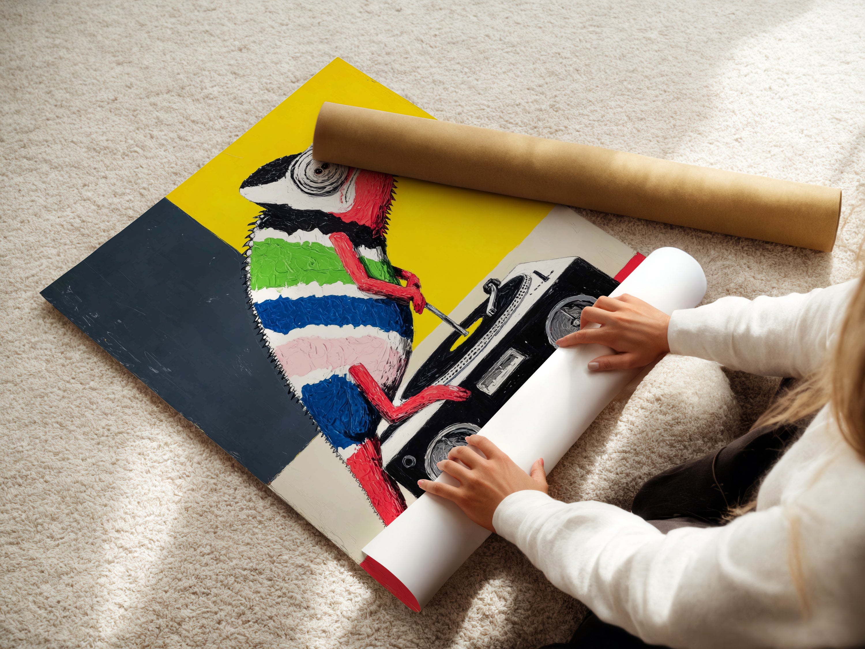 A woman is carefully rolling a fine art poster paper. Prepare your colorful chameleon artwork for display. Choose from various sizes to fit your space. Quality and care are our priority.
