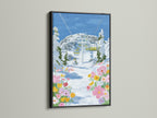 A black frame enhances the Ski Lift artwork. This mountain canvas print features a winter scene. Alpine wall decor brings a rustic touch. Perfect for creating a cozy ski lodge art atmosphere.