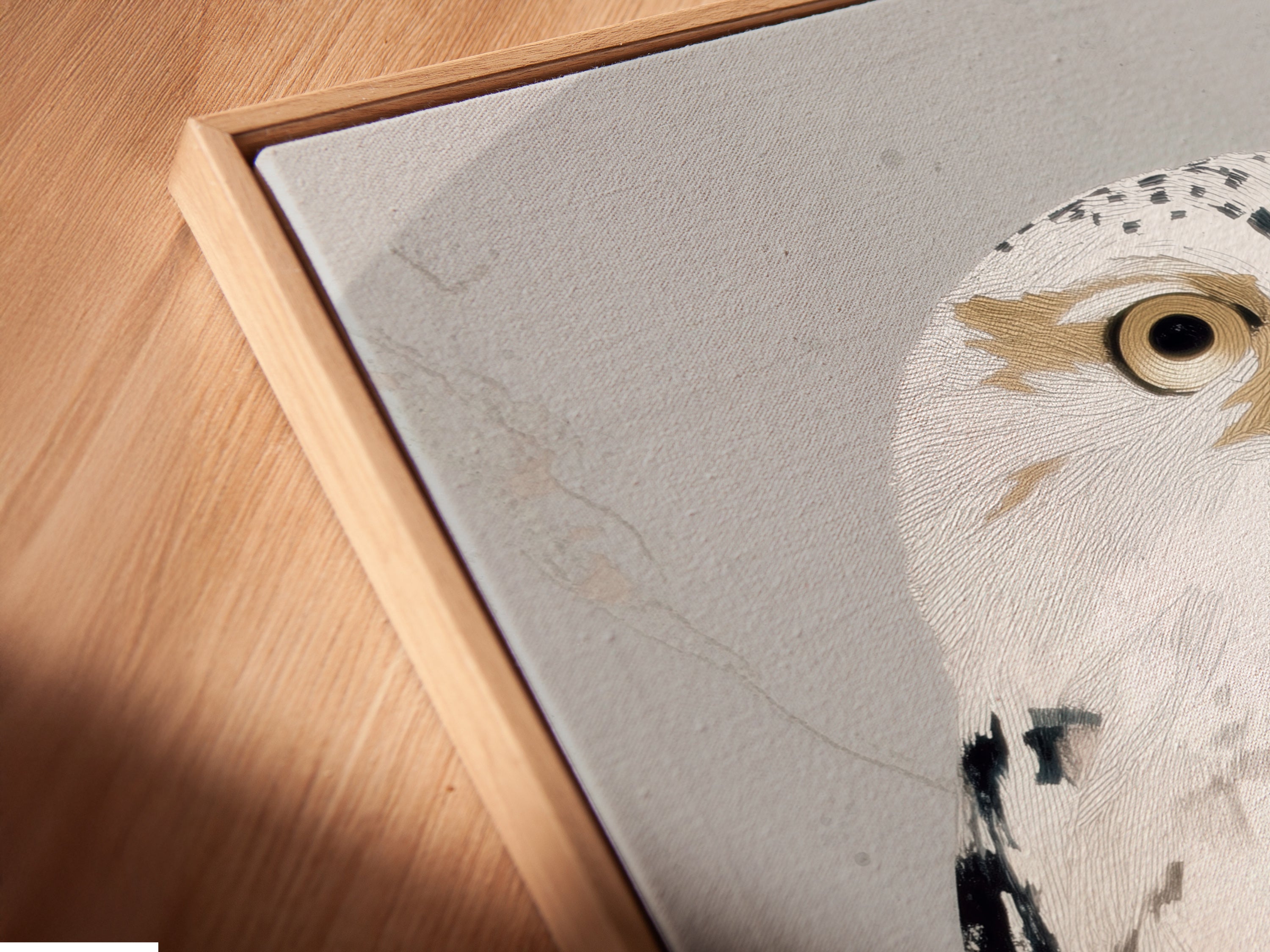 Get a close-up view of the canvas print in a floating frame. The white owl artwork is beautifully displayed. This modern piece adds elegance to any interior. See the fine details of this abstract bird art. Perfect for enhancing your living room wall art. Shop now and transform your space.