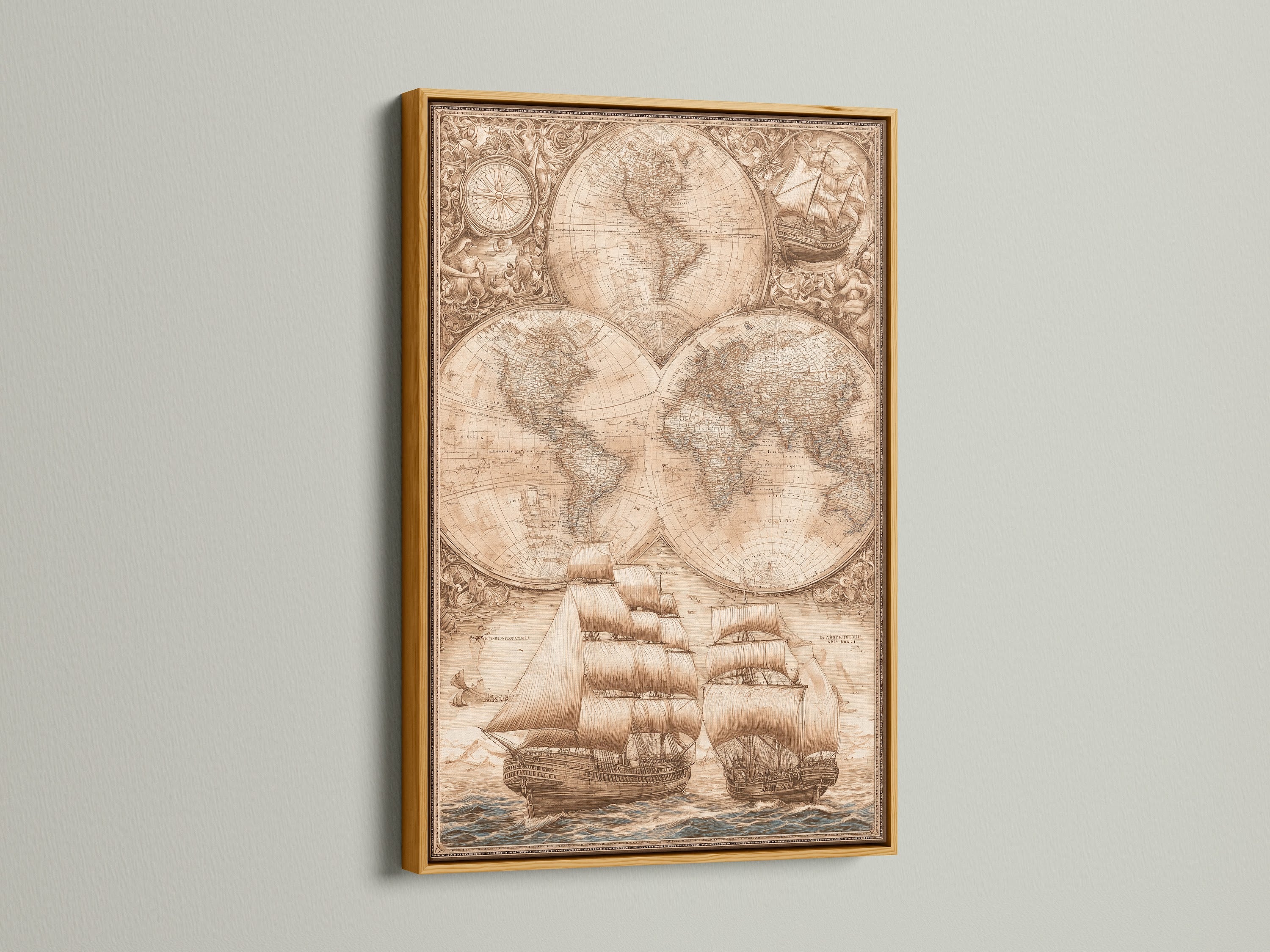 The image shows a vintage world map and ship artwork encased in a gold frame. The gold frame adds a touch of elegance. It enhances the artwork's rich tones. This framed piece brings a luxurious feel to any room. A gold frame can make your art shine.