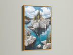 Infuse your space with the beauty of nature using this lake landscape canvas print. The tranquil art is showcased in a gold frame. Its rocky island art and teal blue tones enhance any room. Ideal for business owners seeking elevated artwork.