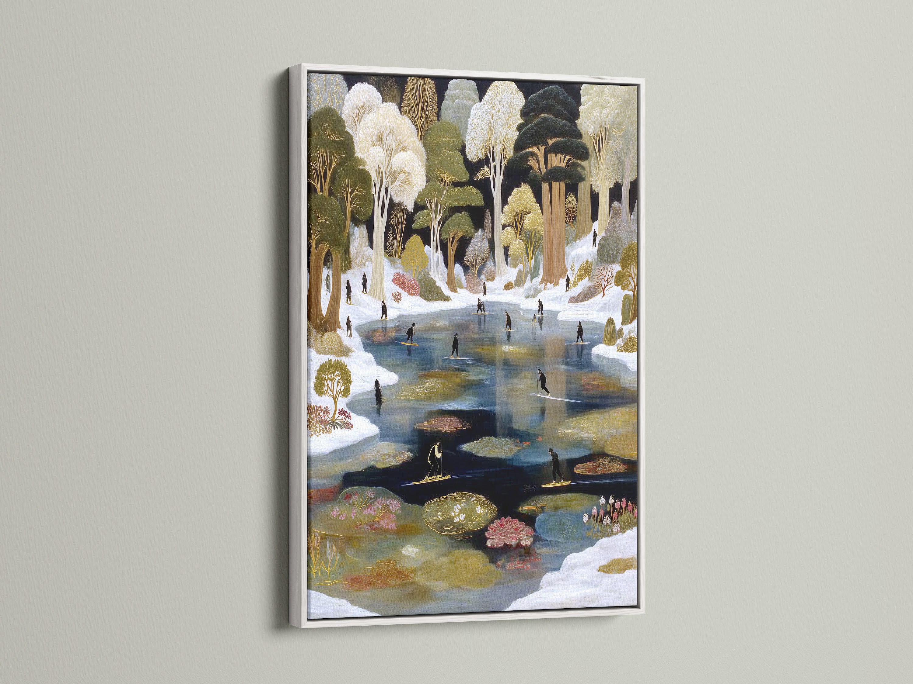The folk art canvas Winter Pond is framed in white. This ice skating print provides a clean modern look. Enhance your space with our winter landscape pond wall decor. It is great for renters seeking wall art.
