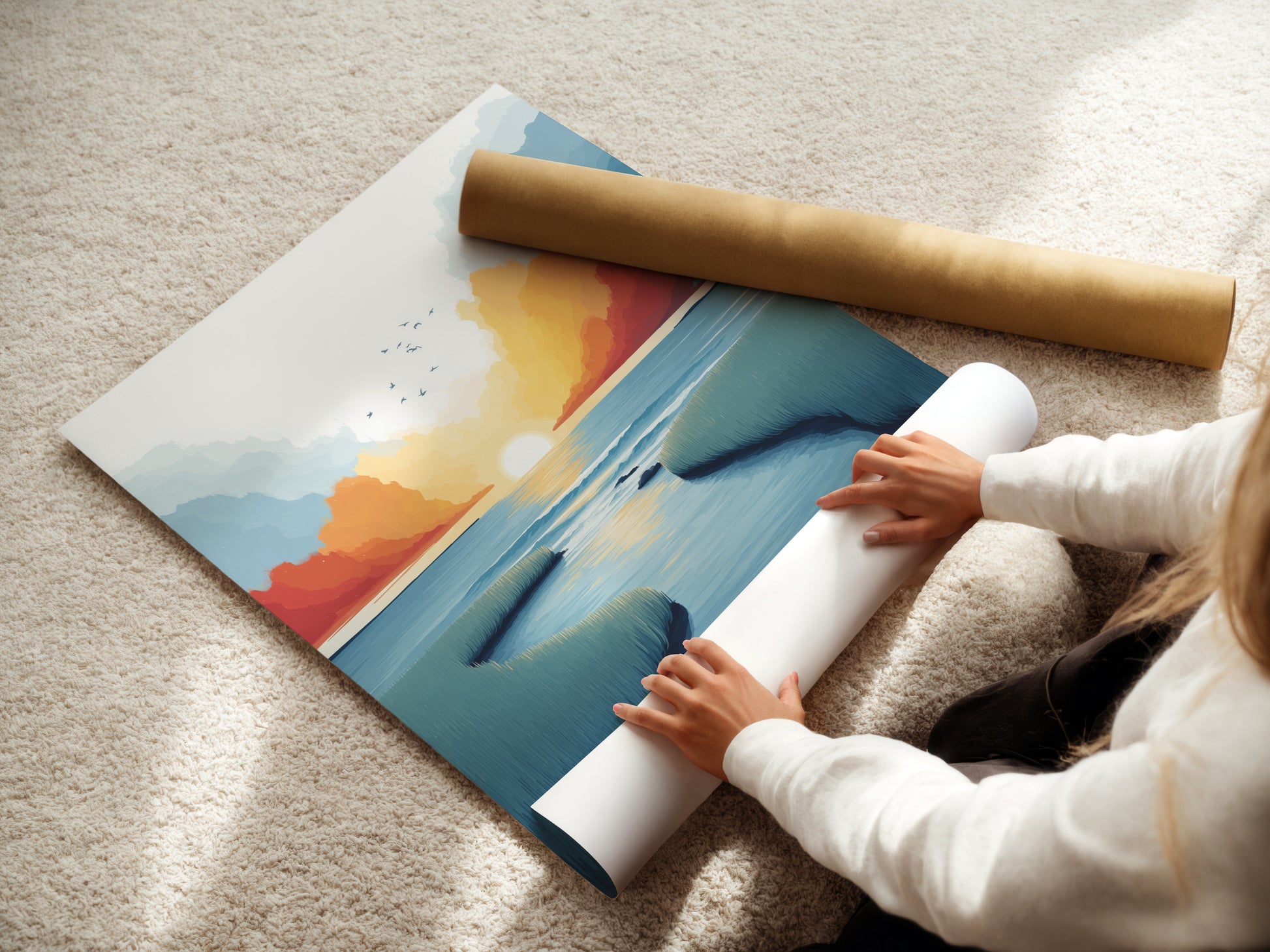 A woman rolling a fine art poster paper. Preparing a coastal marsh sunset seascape print. Ensuring high-quality for modern teal and coral artwork. Ready to enhance your home decor art with a touch of nature.
