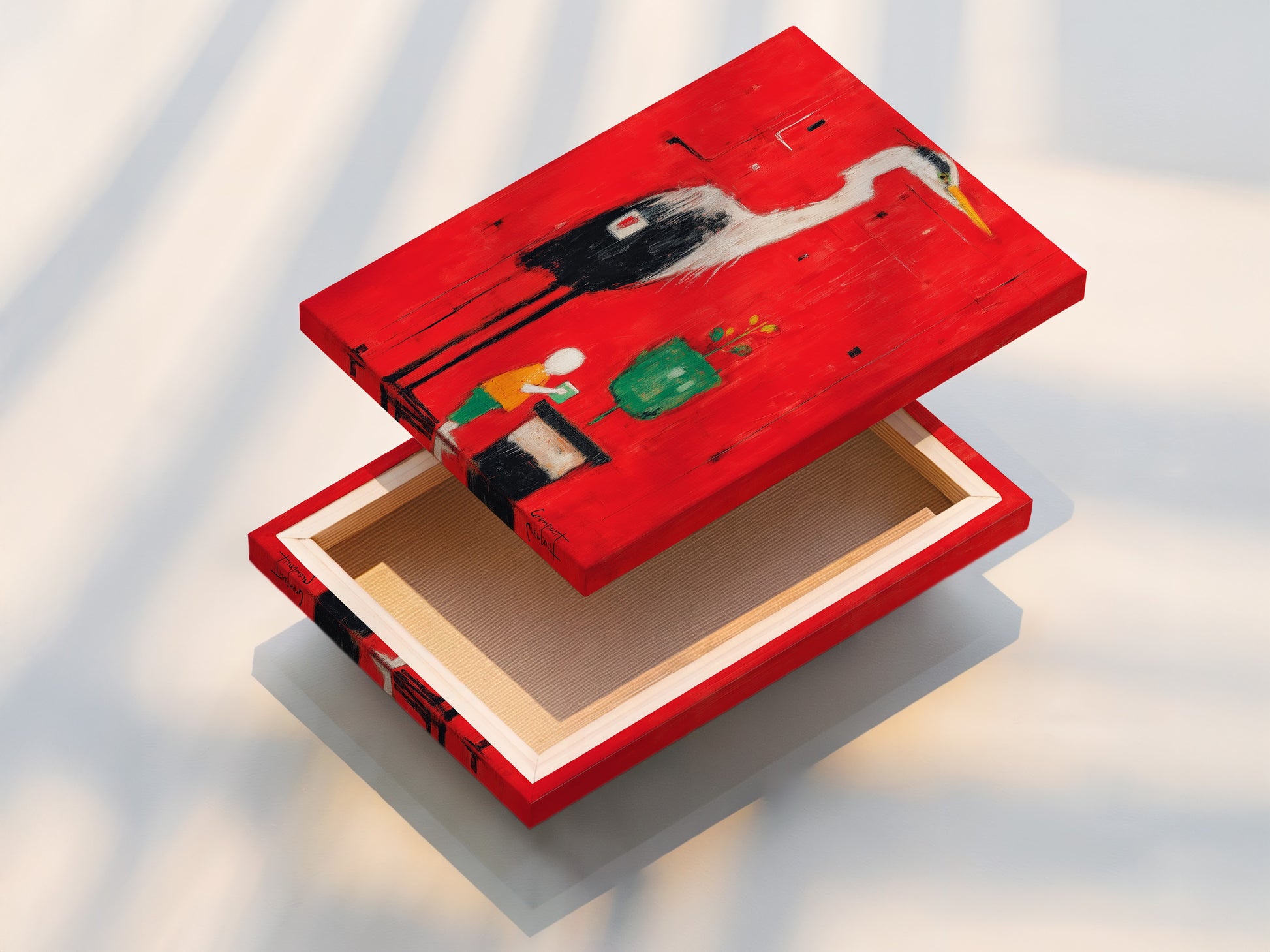 A stretched canvas print of the Heron Art. This red abstract wall art features a modern bird artwork. The stretched canvas provides a ready-to-hang piece. Perfect for modern interiors.