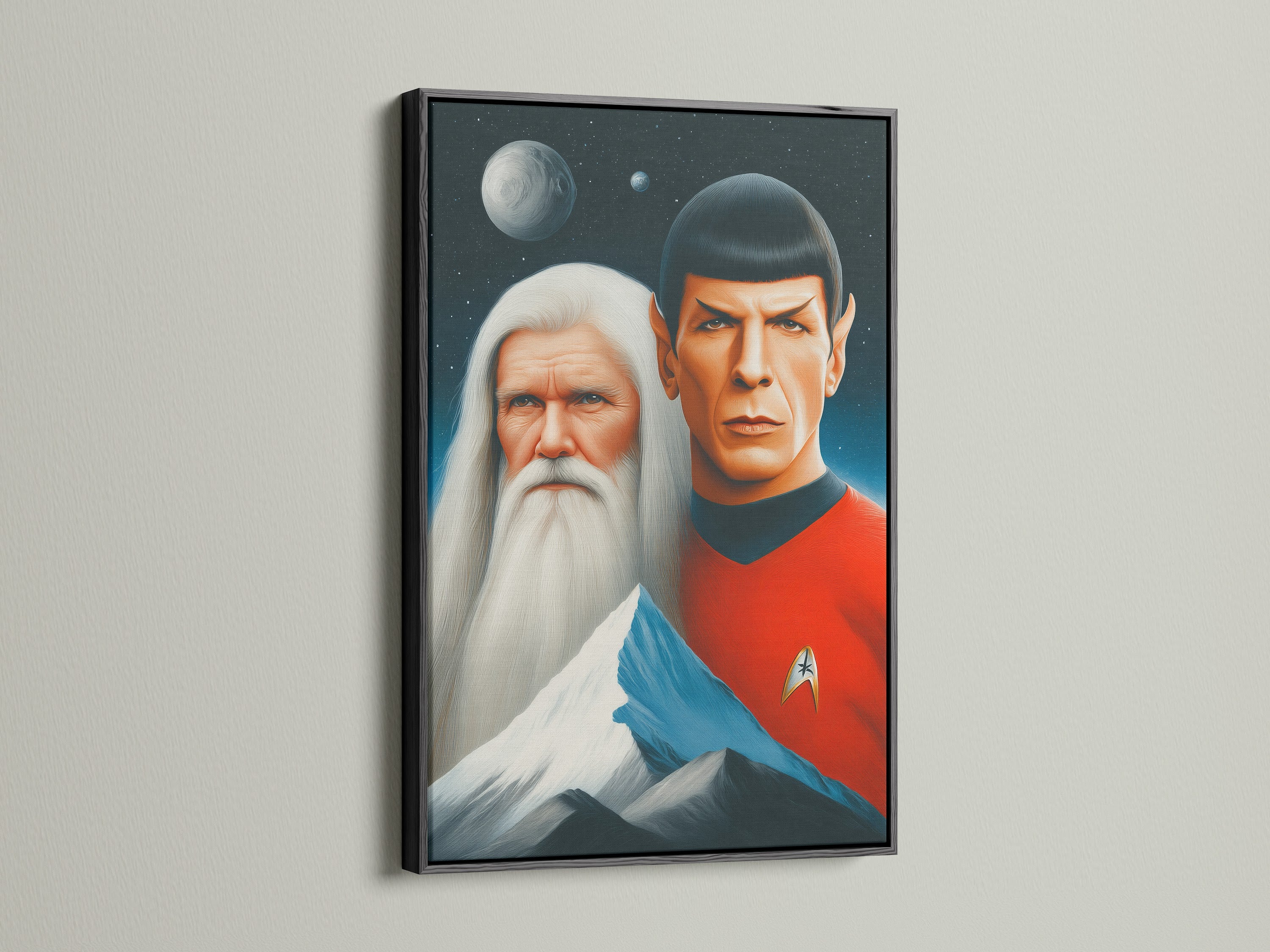 The Star Trek Spock Vulcan artwork looks great in a black frame. The art is ideal for man cave decor. The piece is a great Trekkie gift. Consider this for home cinema decor. This character art print enhances offices lobbies and boardrooms. The space wall art fits minimalist or eclectic styles.