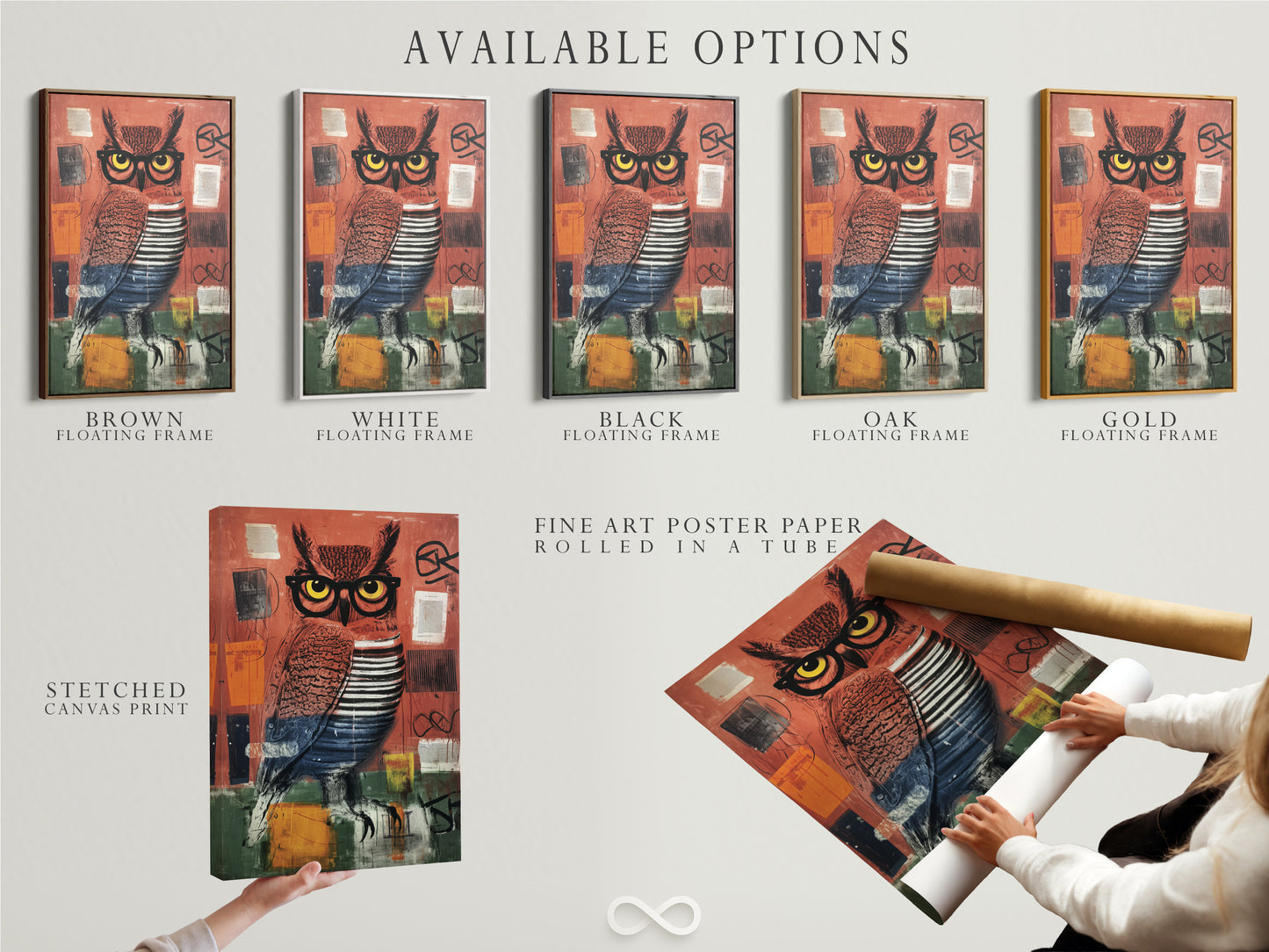 Explore available options for your owl artwork. Choose from a stretched canvas print or fine art poster paper. Select a floating frame to complete the look. Create stunning modern wall decor with our unique pieces.
