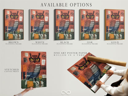 Explore available options for your owl artwork. Choose from a stretched canvas print or fine art poster paper. Select a floating frame to complete the look. Create stunning modern wall decor with our unique pieces.