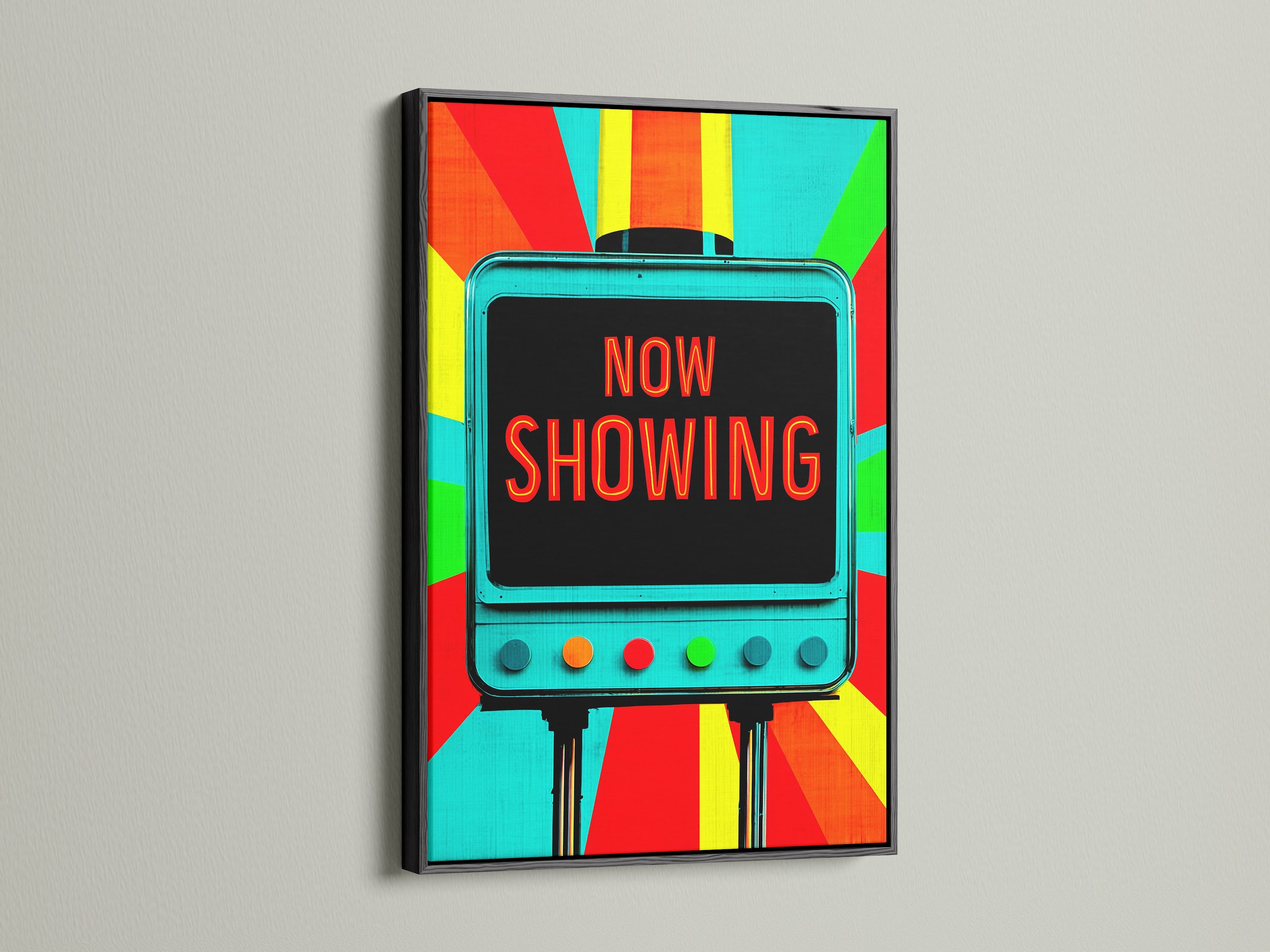 A black frame displaying a vibrant retro movie theater 'Now Showing' art print. The black frame offers a sleek and classic appearance. This framed artwork is a great gift for movie buffs.