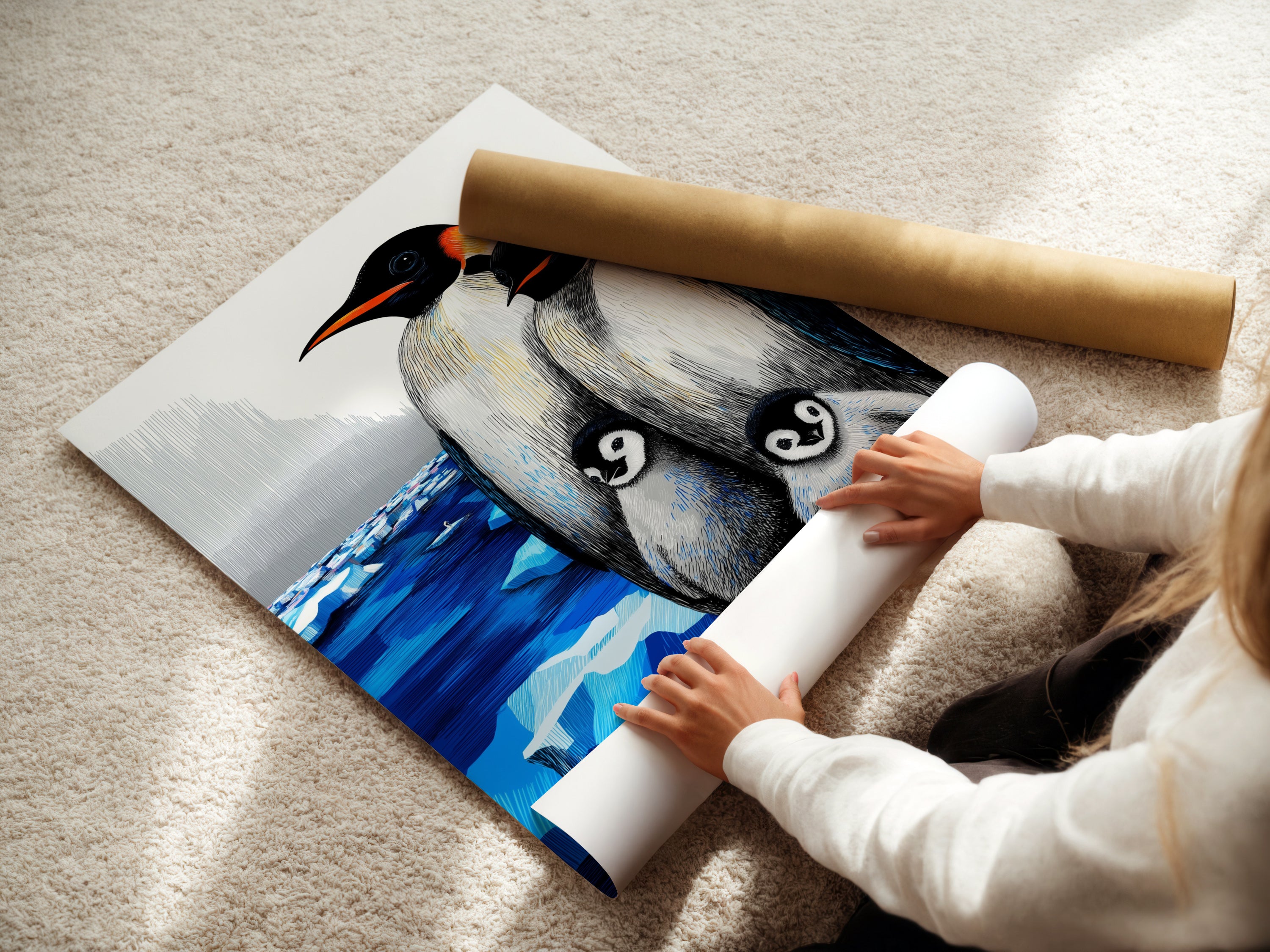 Woman Rolling a Fine Art Penguin Poster. The fine art paper enhances the artwork's detail. This arctic wildlife print is perfect for a kids room. This poster paper is of high quality. Get ready to decorate your home.