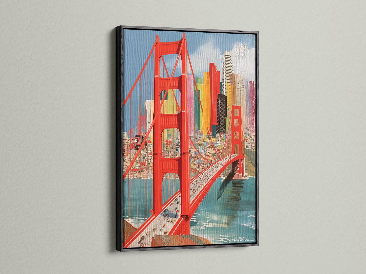 The Golden Gate Bridge artwork is presented in a sleek black frame. This San Francisco print is a perfect addition to modern city art collections. The bridge canvas art adds a sophisticated touch to your office wall decor or home. It is a vibrant wall art piece.