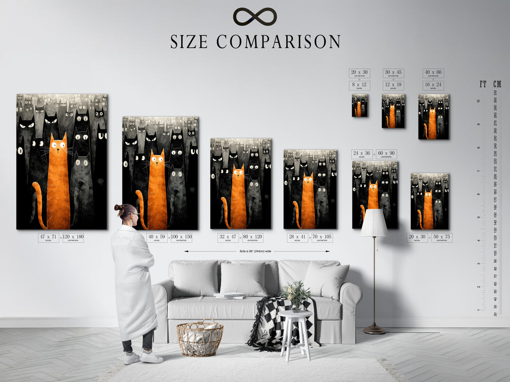 A size comparison chart displayed in an interior setting. Visualizing how different artwork sizes will look in your home. This helps you choose the perfect dimensions for your space. Explore our artwork sizing options now
