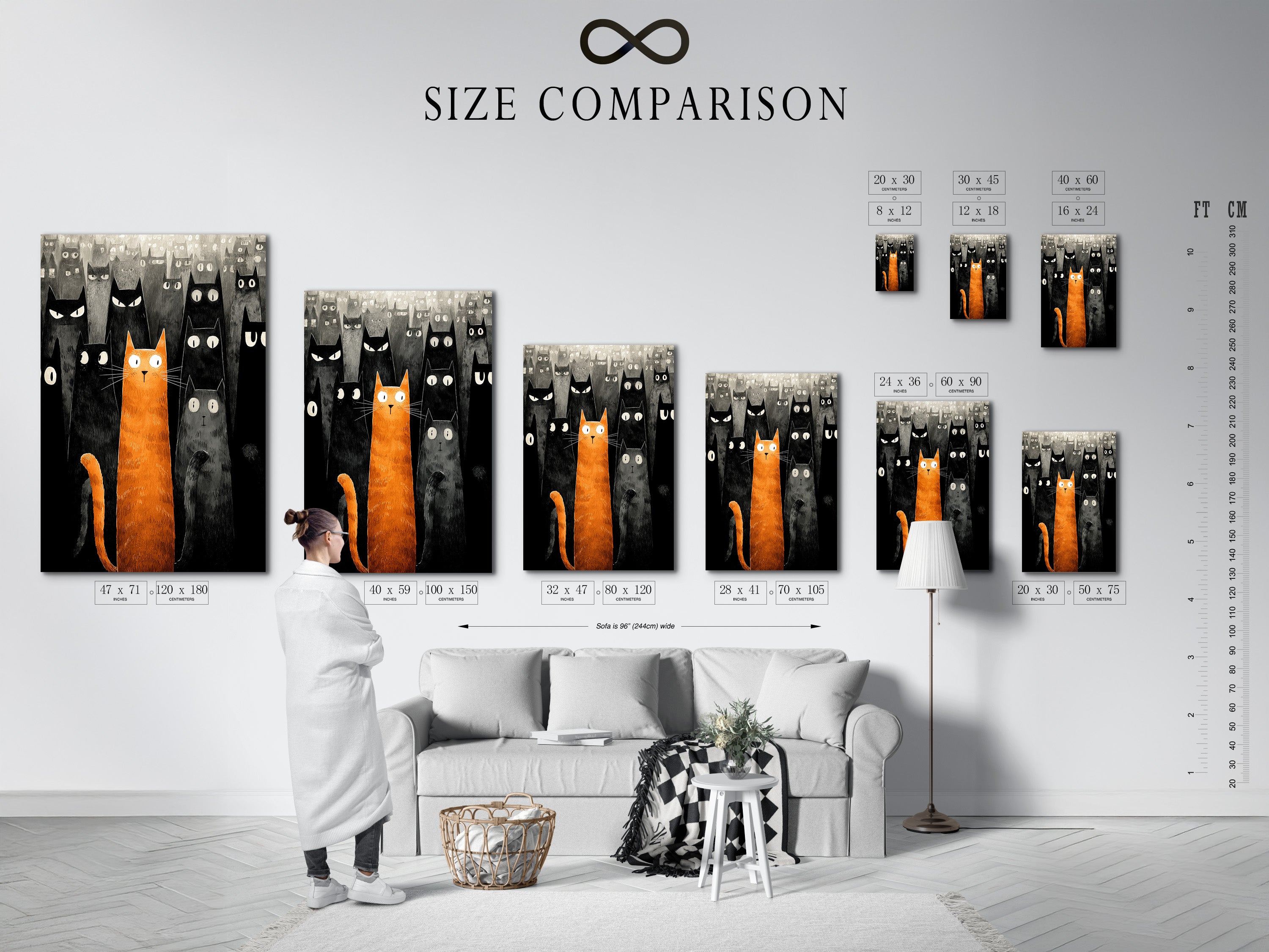 A size comparison chart displayed in an interior setting. Visualizing how different artwork sizes will look in your home. This helps you choose the perfect dimensions for your space. Explore our artwork sizing options now