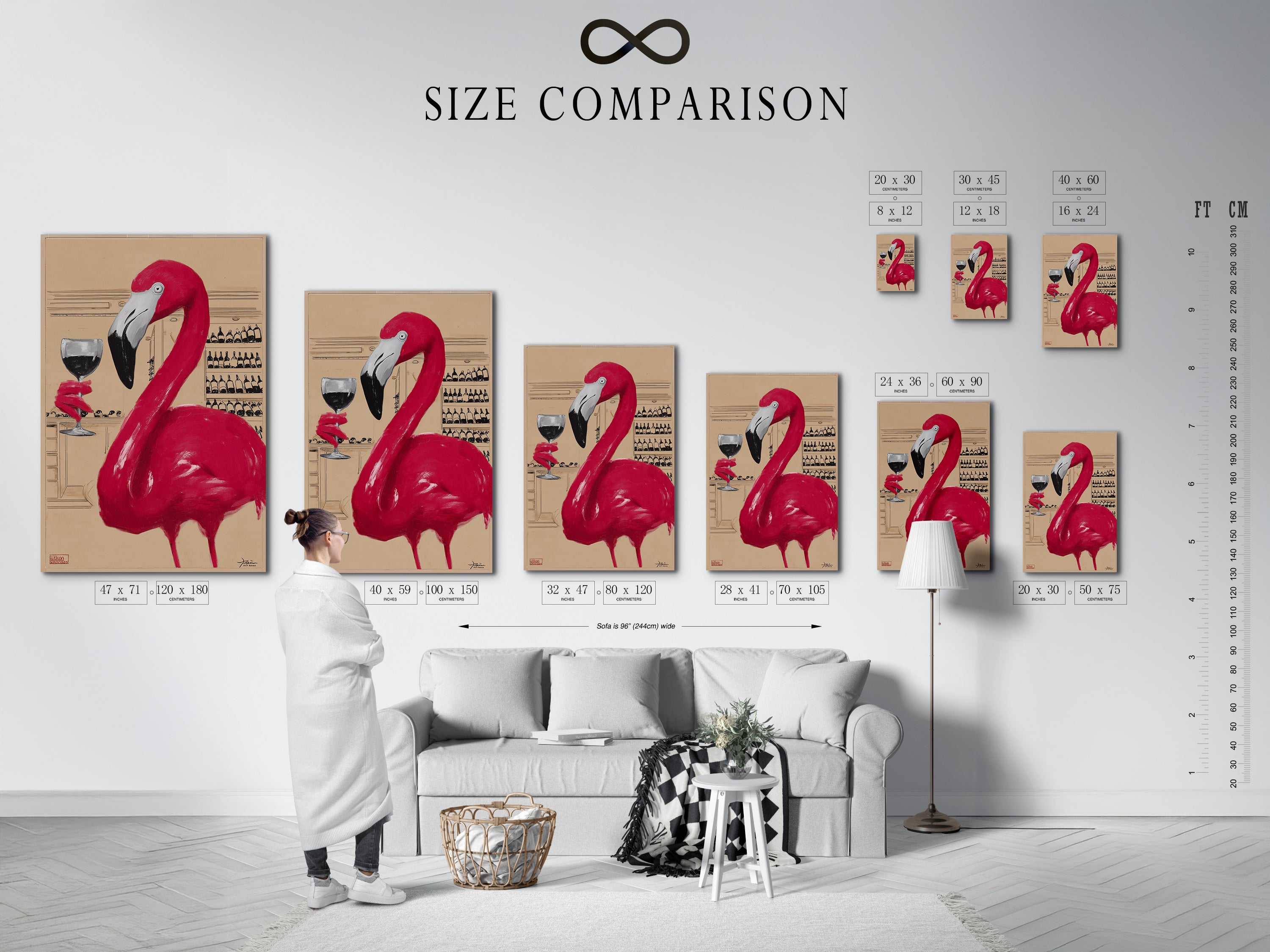 A size comparison chart is shown in an interior setting. This helps visualize the different sizes of the flamingo art print. See how it fits in various spaces. It makes it easier to choose the perfect size for your wall decor needs.