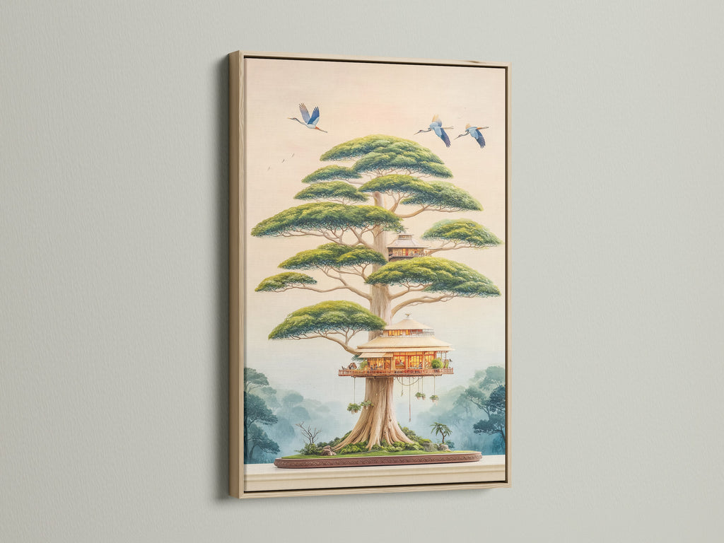 Elevate your space with this framed Japanese Bonsai Tree House art piece. The oak frame enhances the zen wall art. Perfect for living rooms bedrooms and offices. This tree house print brings a peaceful touch to any room.