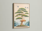 Elevate your space with this framed Japanese Bonsai Tree House art piece. The oak frame enhances the zen wall art. Perfect for living rooms bedrooms and offices. This tree house print brings a peaceful touch to any room.