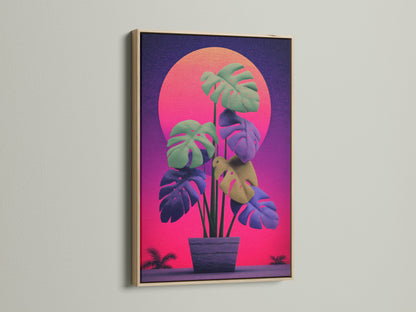 Monstera retro sunset artwork in an oak frame. The botanical artwork features a vibrant sunset background. The monstera plant is set in a purple pot. Perfect retro art for modern spaces.
