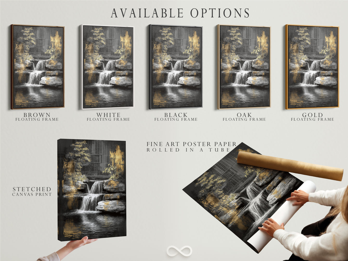 Available options include stretched canvas print fine art poster paper and floating frame. Select your preferred style for this waterfall art. Customize your zen garden print to match your decor. Choose the perfect nature wall decor for your space. Create a tranquil ambiance with this art.
