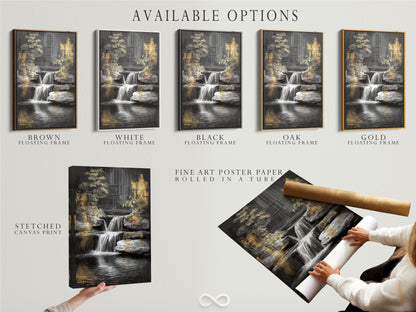Available options include stretched canvas print fine art poster paper and floating frame. Select your preferred style for this waterfall art. Customize your zen garden print to match your decor. Choose the perfect nature wall decor for your space. Create a tranquil ambiance with this art.