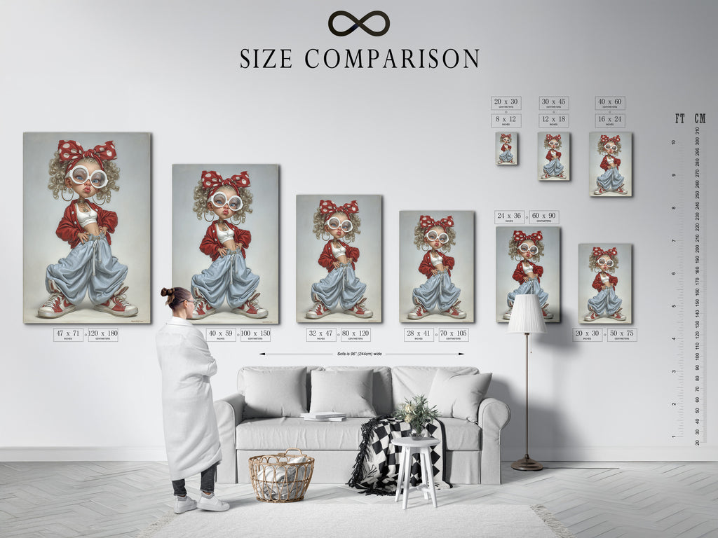 A size comparison chart is displayed in an interior setting. The chart shows various sizes of available prints. This helps you visualize the perfect fit for your space. Choose the ideal size to bring artwork to your home. Get the perfect size for your wall.