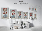A size comparison chart is displayed in an interior setting. The chart shows various sizes of available prints. This helps you visualize the perfect fit for your space. Choose the ideal size to bring artwork to your home. Get the perfect size for your wall.