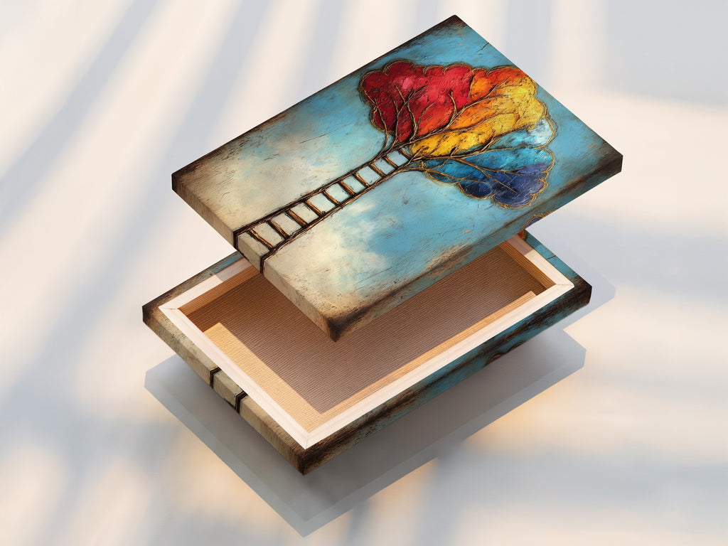 This showcases a stretched canvas print of the Colorful Ladder Tree Art. The artwork is vibrant and ready to hang. This abstract piece adds a modern touch to any wall. Perfect for living rooms offices or bedrooms seeking inspiration.