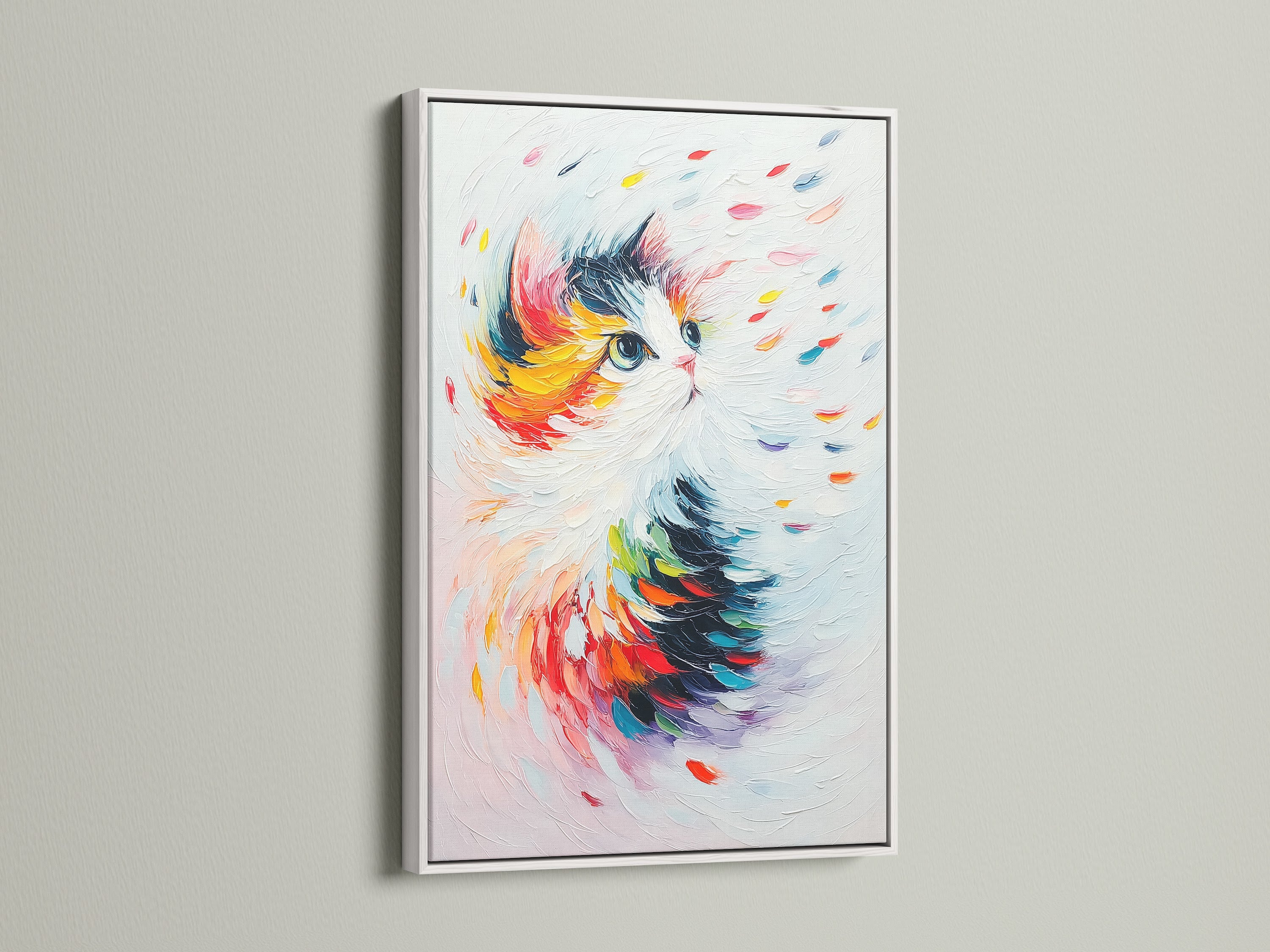 A white frame enhances this abstract cat art print. The colorful feline canvas artwork pops against the clean white backdrop. This piece is ideal for nurseries or modern living spaces. It's a delightful pet portrait for any cat lover.