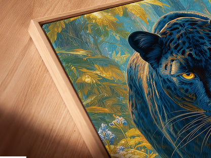 Angled close up of a Black Panther canvas print in a floating frame. The floating frame gives the animal artwork a modern look. The teal and gold colors of the jungle cat wall art stand out. This panther art is perfect for any space.