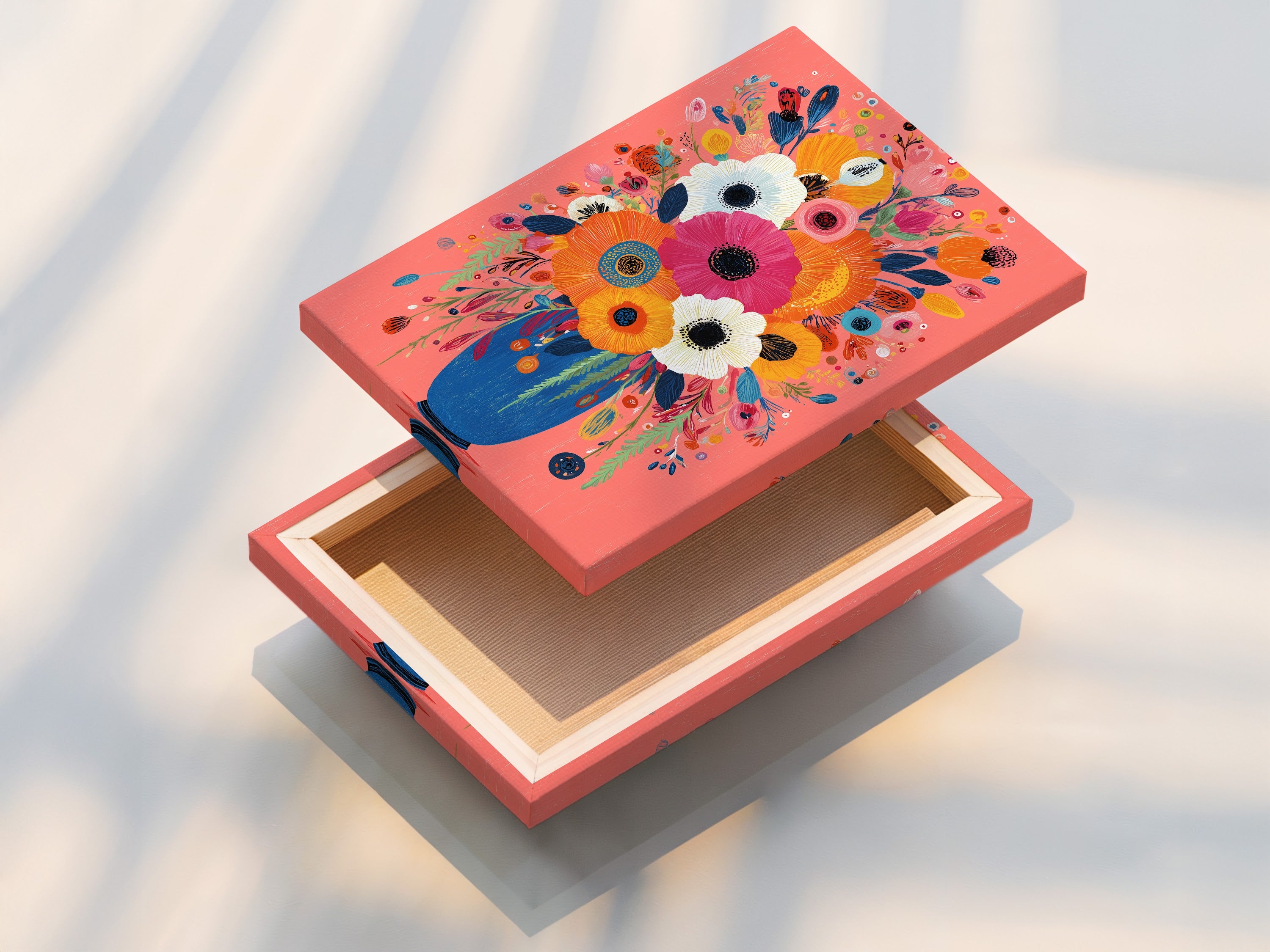 Colorful Floral Bouquet Art Print - Vibrant Flowers in Blue Vase Wall Art, Modern Botanical Poster, Pink Coral Home Decor