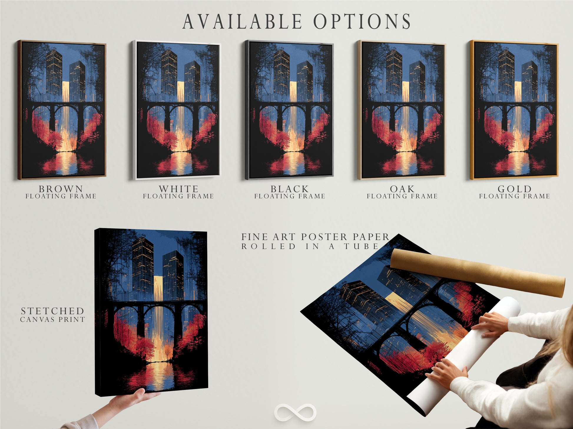 Available options for the city skyline artwork. Choose from a stretched canvas print fine art poster paper or floating frame. The urban waterfall art complements modern interiors. Select the perfect style for your office wall decor. Enhance your space with this cityscape canvas.