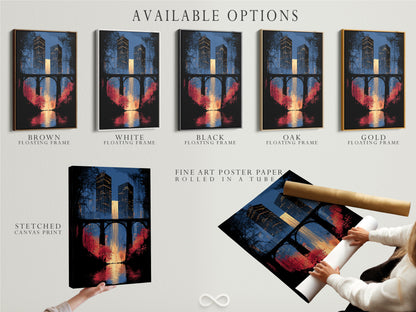 Available options for the city skyline artwork. Choose from a stretched canvas print fine art poster paper or floating frame. The urban waterfall art complements modern interiors. Select the perfect style for your office wall decor. Enhance your space with this cityscape canvas.