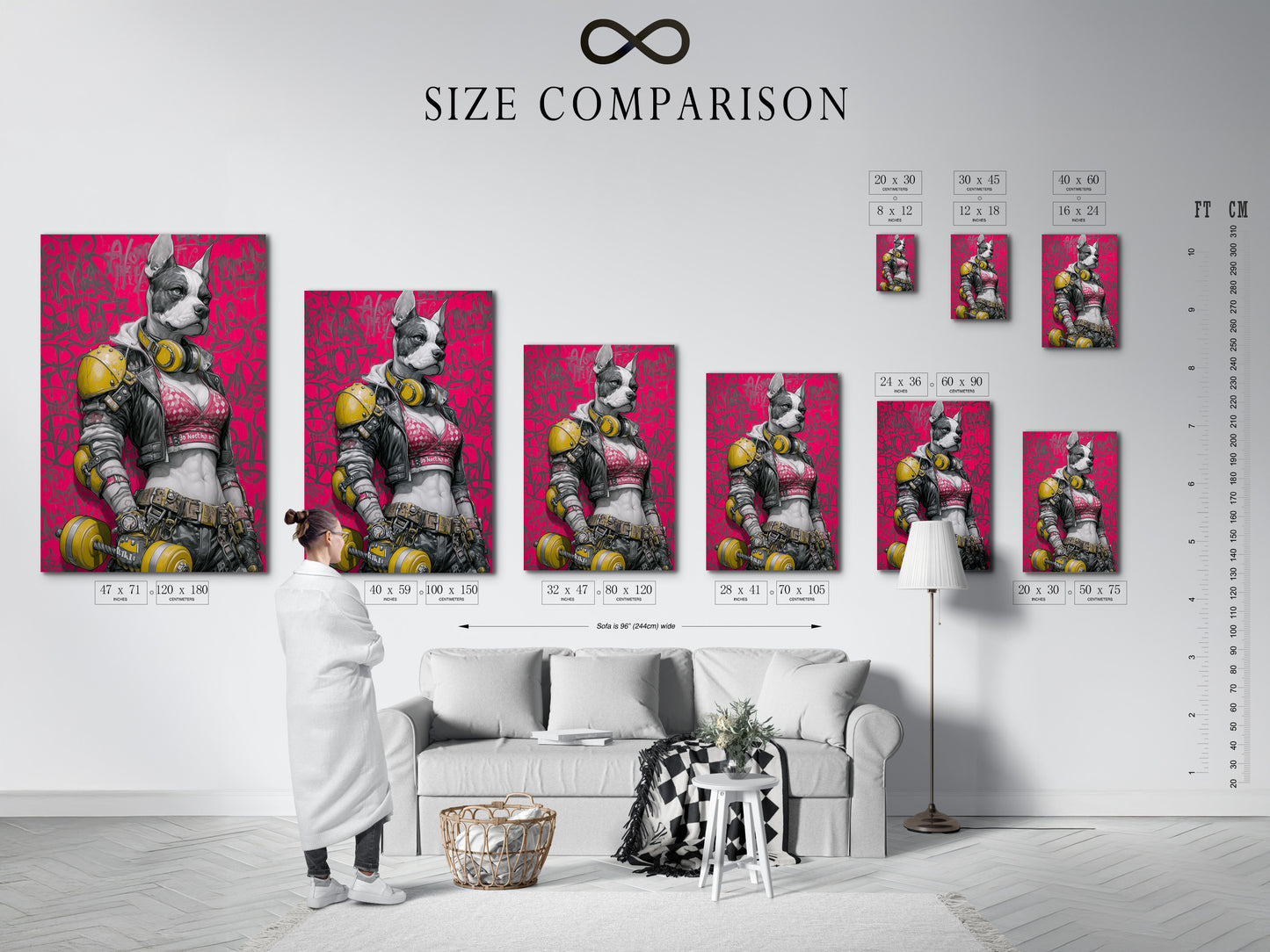Size comparison chart of the Cyberpunk Dog artwork in an interior. This futuristic French Bulldog print is perfect for any room. The neon pink street art canvas adds a vibrant touch. Visualize the ideal size for your gaming room decor. A great fit for any space.