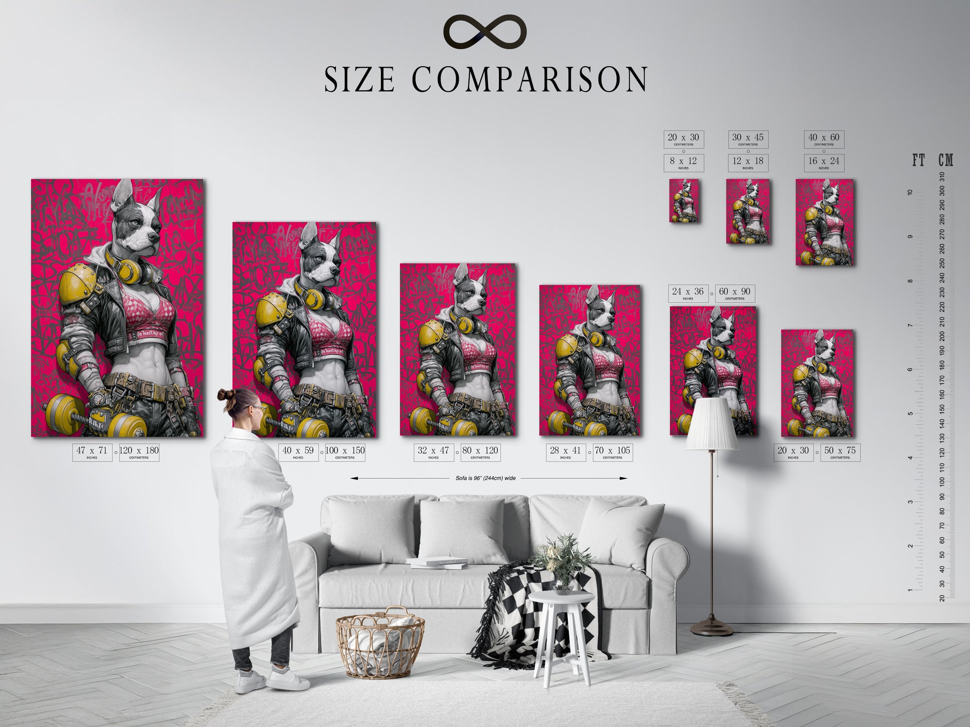 Size comparison chart of the Cyberpunk Dog artwork in an interior. This futuristic French Bulldog print is perfect for any room. The neon pink street art canvas adds a vibrant touch. Visualize the ideal size for your gaming room decor. A great fit for any space.