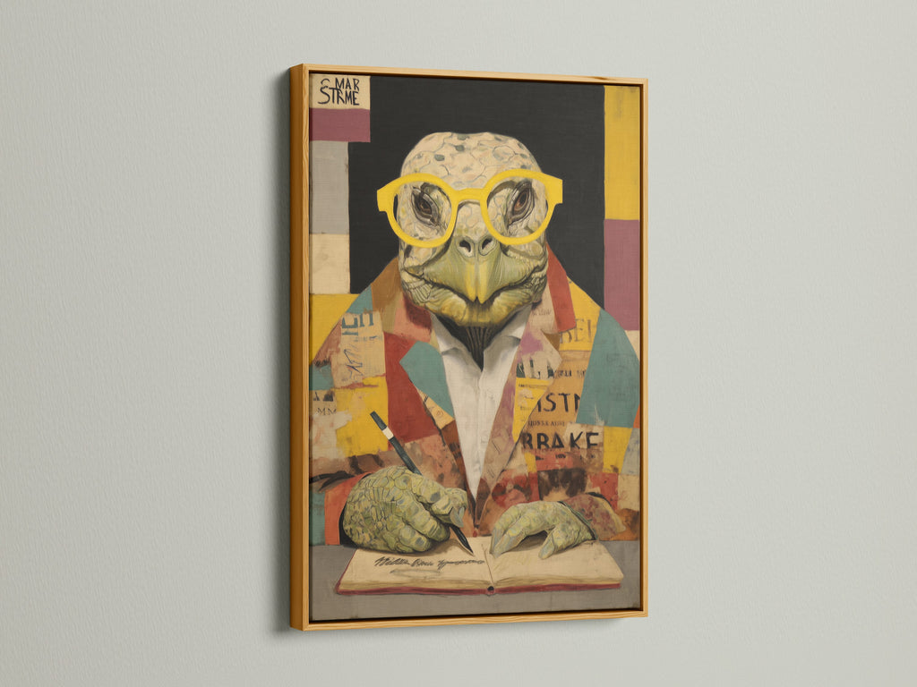 Turtle Scholar Art Print in a gold frame. The vintage animal art is both academic and quirky. This wall decor is a standout piece. The gold frame adds a touch of elegance. The turtle canvas print is perfect for study room art. This animal portrait art is a must-have.