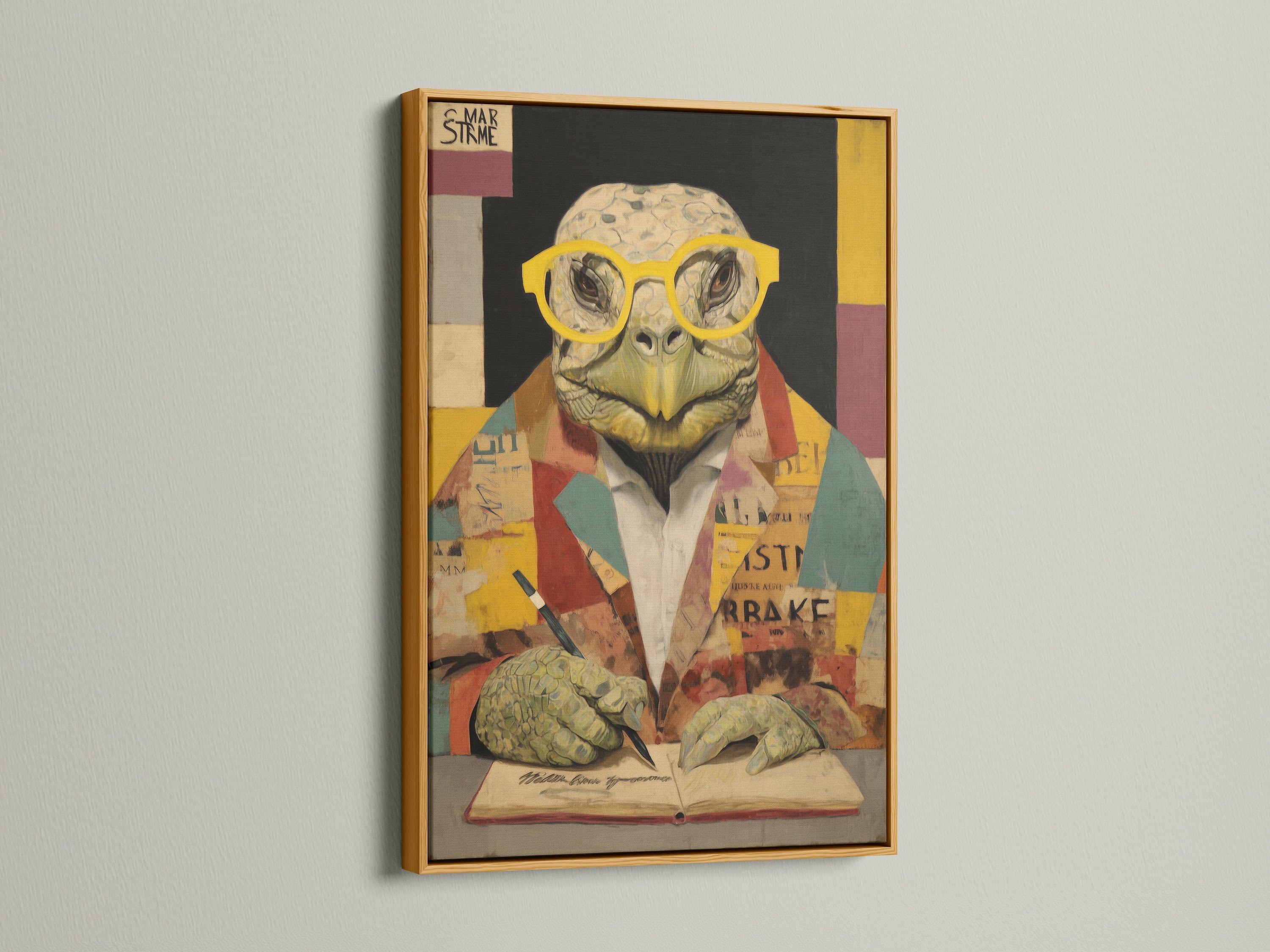 Turtle Scholar Art Print in a gold frame. The vintage animal art is both academic and quirky. This wall decor is a standout piece. The gold frame adds a touch of elegance. The turtle canvas print is perfect for study room art. This animal portrait art is a must-have.