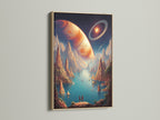 A stunning cosmic landscape canvas print is showcased in an oak frame. The surreal planet artwork features orange and teal hues. Ideal for adding a touch of sci-fi wonder to any room this piece enhances modern decor.