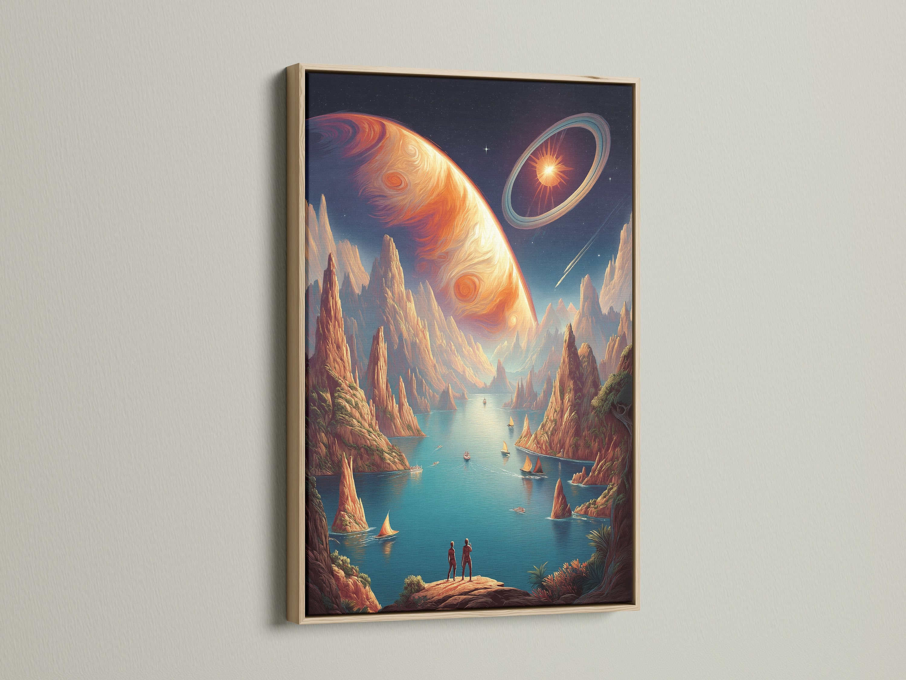 A stunning cosmic landscape canvas print is showcased in an oak frame. The surreal planet artwork features orange and teal hues. Ideal for adding a touch of sci-fi wonder to any room this piece enhances modern decor.