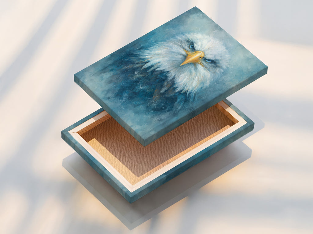 A stretched canvas print displays the captivating eagle portrait. The majestic bird's piercing blue eyes are a focal point. This ready-to-hang artwork is perfect for adding wildlife art to your space. It complements minimalist Scandinavian or contemporary styles.