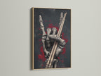 Skeleton Hand Drumsticks artwork with an oak frame. This wall decor is perfect for heavy metal fans. It adds a unique dark academia canvas print to any space. This gothic home decor is ideal for man caves and rock-themed rooms. The print showcases intricate skeleton details.